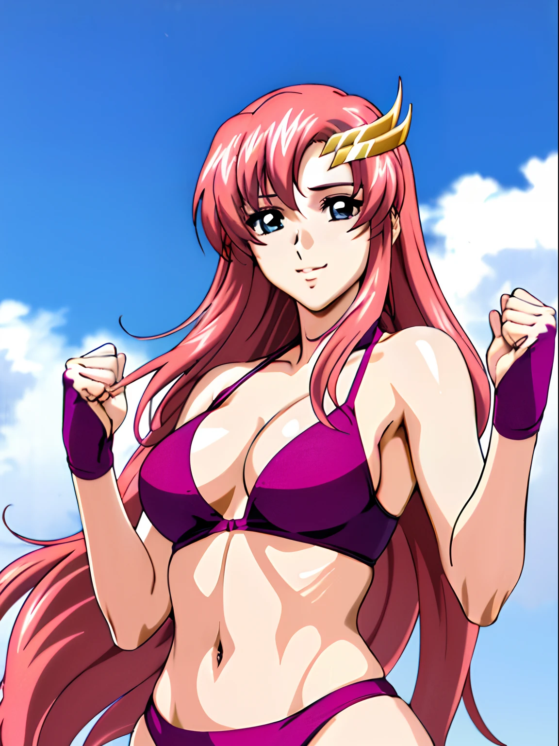 (masterpiece, upper body view, 4K, Best Quality, Anime style: 1.9,, Adult Woman, ultra detailed face, (cloud background, wrestling), Drawing lines, high resolution, Anime, lacus4), 1girl, Solo, curvy figure, Long hair, 鎖骨, scapular, (Detailed wide hair bangs, Hair Ornament, Detailed reddish-pink hair, golden crest), cleavage, large hands, (female wrestler). (Big blue eyes, shiny eyes), ((female wrestler, slender body, broad shoulders, closed fists)), ((perfect proportions, medium breasts, long belly)), (((bikini, pink wrestling gear))), happy, smile, (standing, looking at the viewer)