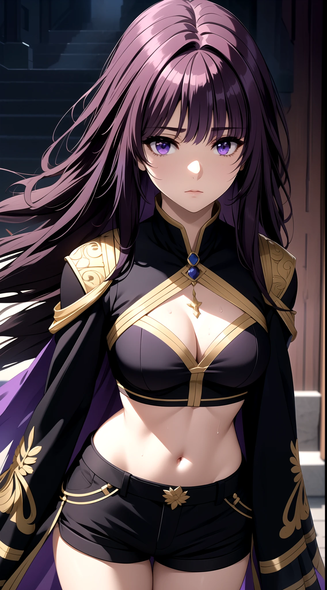 (masterpiece, best quality), intricate details, medium breast, small waist, long hair, Purple Hair, Purple Eyes, Expressionless, beautiful face, perfect illumination, beautiful detailed eyes,looking at viewer, thigh, midriff,  stunningly beautiful woman, detailed hairstyle, detailed background,shorts, detailed fantasy background, (sweat:1)