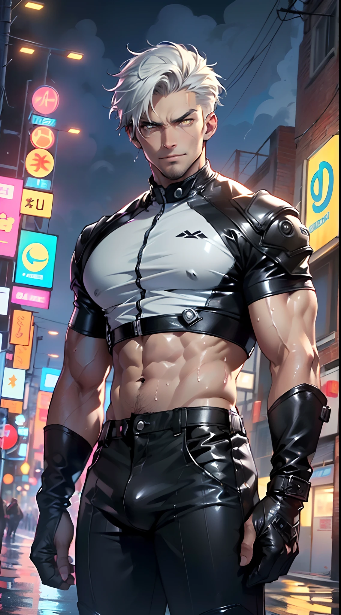 muscular man,(((1man))),((man muscular)),

(((1male,man:1.5,handsome man,male,male gender:1.5,male focus))),macho man,

((short white hair)),(((lustrous skin:1.5,tanned skin,bright skin: 1.5,skin tanned,shiny skin,very shiny skin,shiny body,illuminated skin))),(((yellow_eyes:1.2))),intricate eyes,beautiful detailed eyes,symmetrical eyes,((exaggerated muscles,exaggerated shoulders,very muscular and huge)),man chest,handsome face,((((muscular,hairy body,muscular man,tall,big biceps,abs,big thighs,broad shoulders,open chest)))),(((detailed face))),(((square jaw))),

alluring look,nsfw,

(((bare chest,shirtless))),motorcyclist pants,((bulge in pants)),((motorcyclist outfit)),(wearing a motorcyclist outfit:1.3,motorcyclist clothes),((wet clothes,intricate outfit,intricate clothes)),

(dynamic pose:1.0),solo focus,((evil smile,evil look)),(centered,scale to fit dimensions,Rule of thirds),

cyberpunk city by the ocean at night, with bright neon signs and dark stormy clouds and puddles, scenery:1.25,

highres, sharp focus, (ultra detailed, extremely detailed), (photorealistic artwork:1.37),(extremely detailed CG unity 8k wallpaper),((synthwave background theme)),(((vibrant colors))),(intricate background),(masterpiece),(best quality),