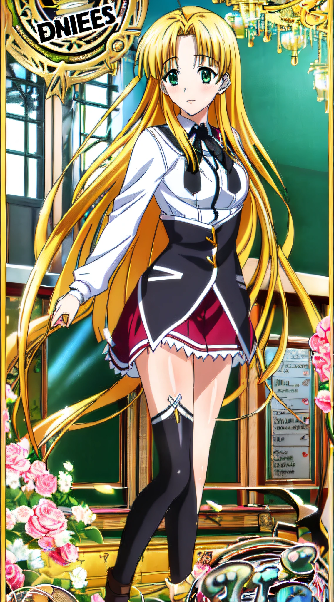 masterpiece, best quality, ultra-detailed, hires, beautiful, detailed hair and eyes, 1girl, long hair, green eyes, asia argento dxd, blonde hair, small breasts,  (dxd clothes:1.6), school uniform, skirt, white shirt, black boots, red skirt, black corset,, full body, standing, hand on breasts, detailed background, (school classroom:1.3),