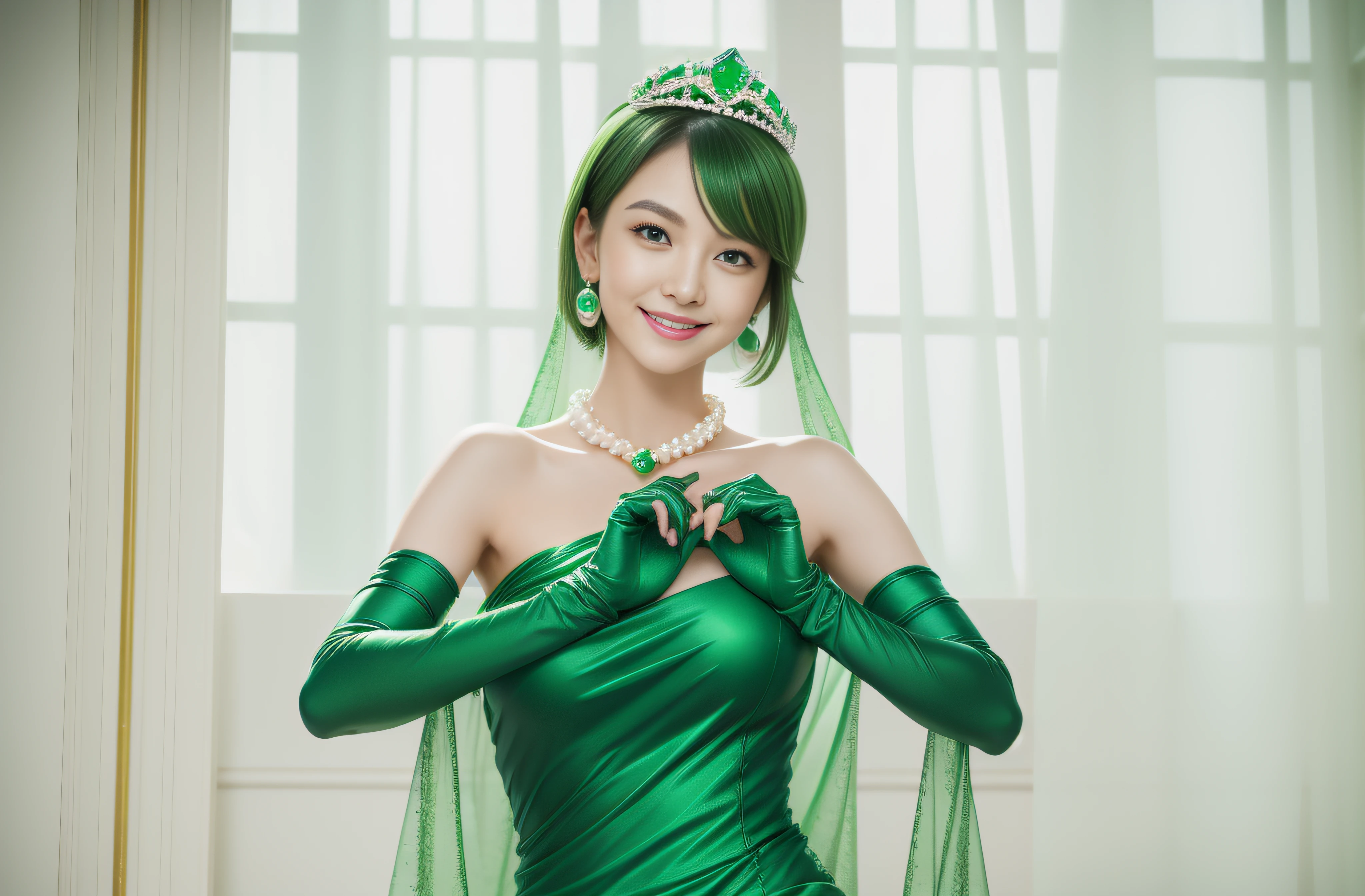 emerald tiara, Green Pearl Necklace, Boyish very short green hair, lipsticks, Japan woman smiling, very short short hair, big breasts beautiful, Green eyes, Long green gloves made of satin material, Green eyes, Emerald Earrings, Green dress