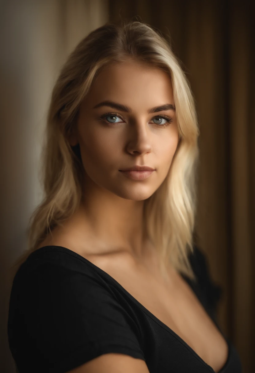Very beautiful 22-year-old blonde dressed in a t-shirt looking straight into the camera
