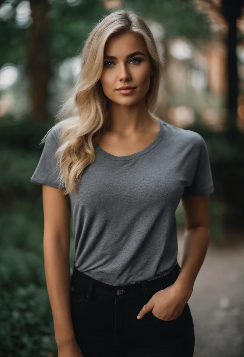 Very beautiful 22-year-old blonde dressed in a t-shirt looking straight into the camera