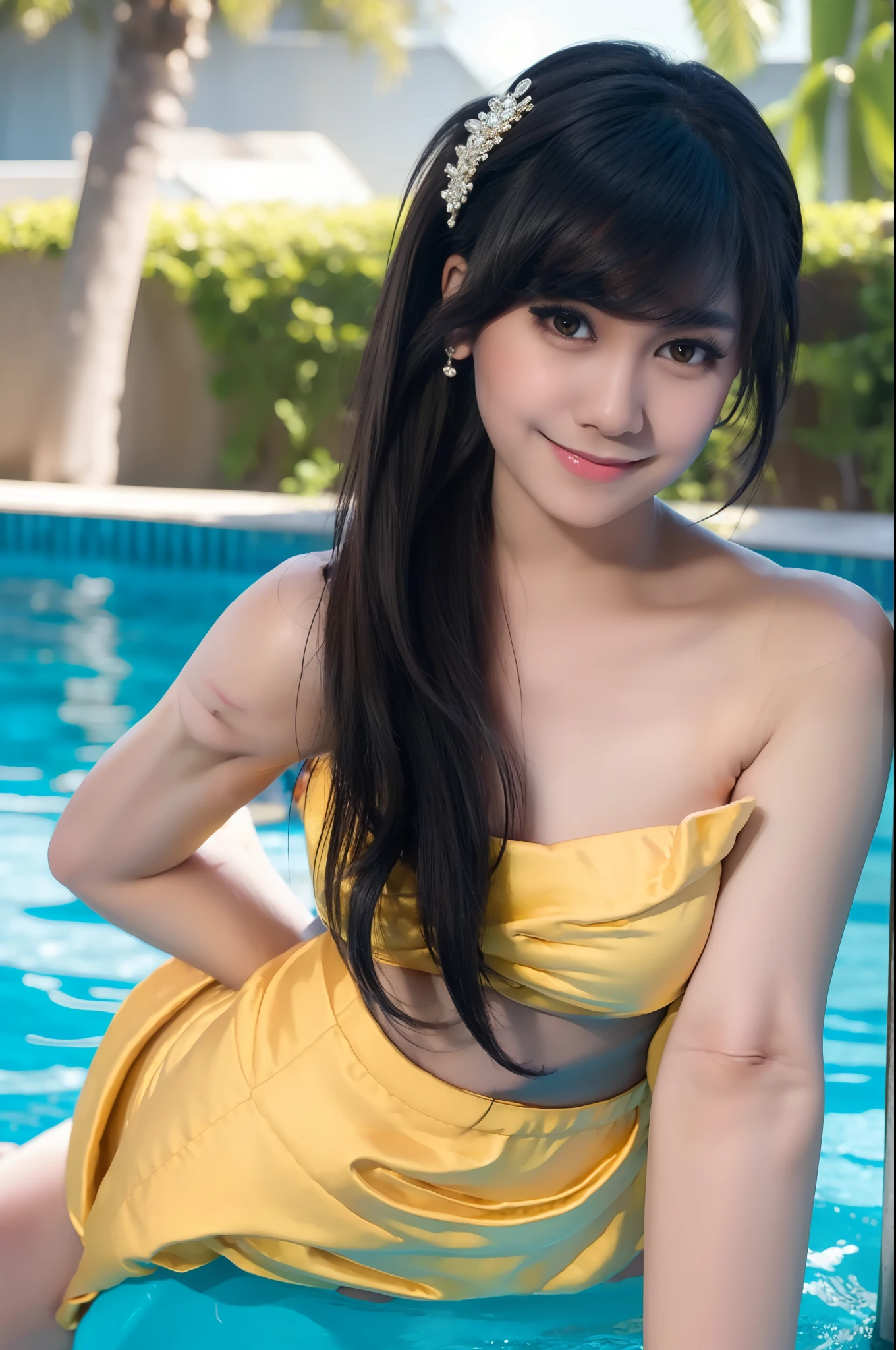 beautiful face, sexual style, at the pool, wearing off-shoulder dress, love earrings, make up cute, long bangs hair, full body, close up, little smile, ultra high quality, Masterpiece
