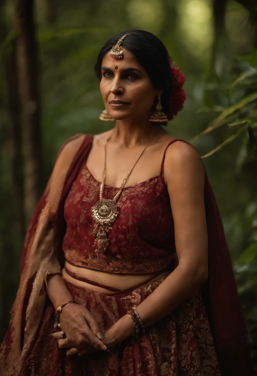 A lady appearing to be Indian at the age of 60, morena clara, roupas brancas longas, saia rodada de rendas brancas, with a serious, penetrated countenance, manipulating herbs in the clarity of a small campfire in the clearing of the rainforest;. Luz de anoitecer, mystical and romantic atmosphere.