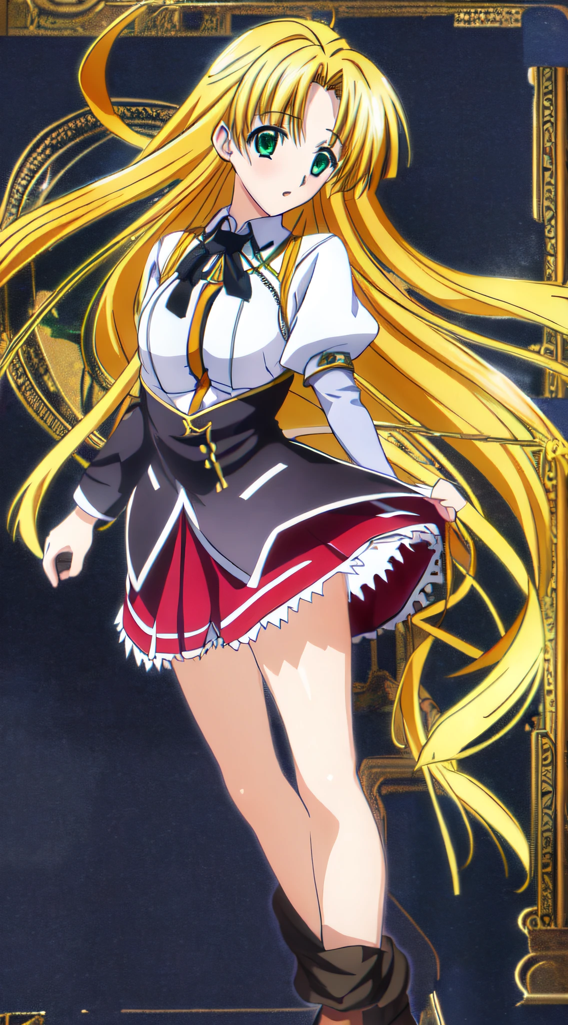 masterpiece, best quality, ultra-detailed, hires, beautiful, detailed hair and eyes, 1girl, long hair, green eyes, asia argento dxd, blonde hair, small breasts,  (dxd clothes:1.6), school uniform, skirt, white shirt, black boots, red skirt, black corset,, full body, standing, hand on breasts, detailed background, (school classroom:1.3),