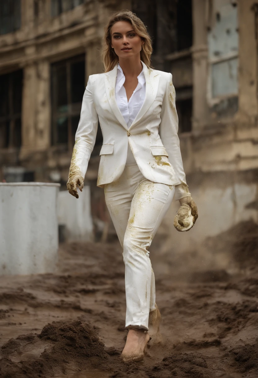 The beauty is covered in oil and dirt,white business suit, Greasy, Dirty and greasy white suit，White pants stained with dirt，covered in slime，Muddy and dirty，All stained with oil and greasy Stained with oil and dirt,white business suit, drenched all over the body，Greasy, Dirty and greasy white suit and suit pants，White pants stained with dirt，covered in slime，Muddy and dirty，All stained with oil and greasy,