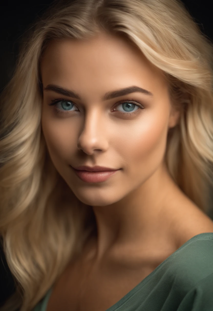 Very beautiful 22 year old blonde wearing a t-shirt looking straight into the camera