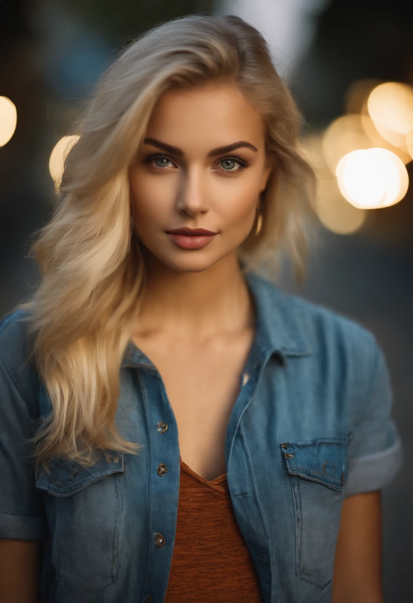 Very beautiful 22 year old blonde wearing a t-shirt looking straight into the camera