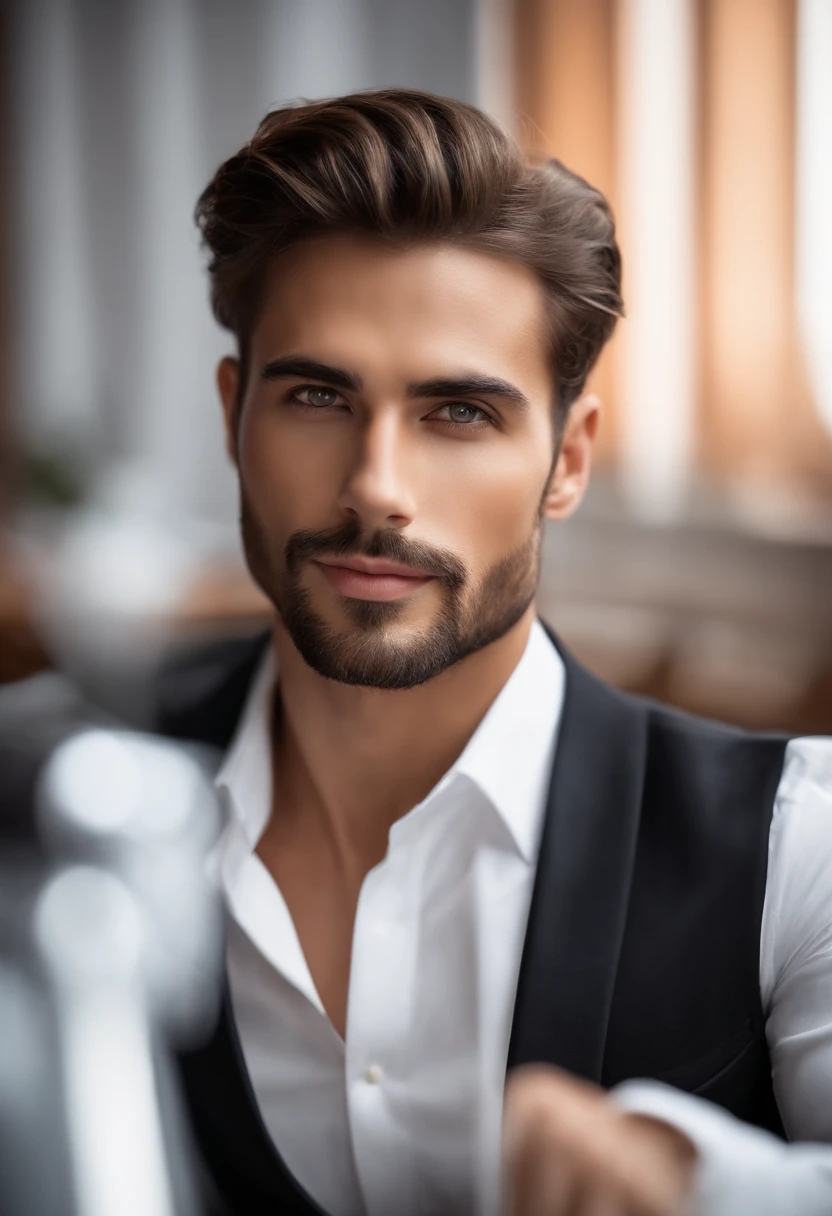 La mejor calidad,Ultra detallado,realista:1.37,Hombre guapo,cara hermosa,ojos color miel detallados,strong jawline,barba de rastrojo,sonrisa encantadora,Traje con clase,cabello elegante,afeitado,Postura segura,caballero,Mirada cautivadora,bien arreglado,profesional,Apariencia similar a la de un modelo,vivid colors,Studio lighting,Warm color tone,Medio:retrato
