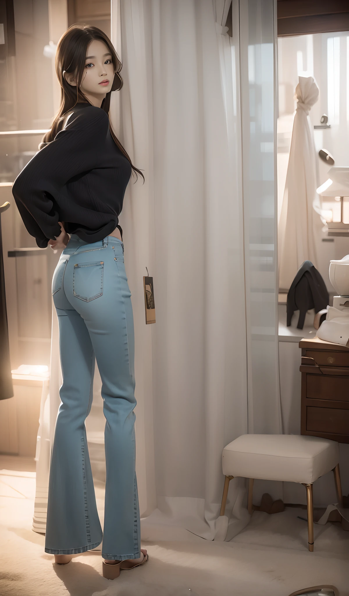 ((Best quality, realisticlying, 8k ultra high definition, Masterpiece: 1.3)), Focus: 1.5, Slim and slim figure,Petite,being thin: 1.4, (long beautiful hair,hair straight,Brown Black,Delicate hair)), (Wet clothes: 1.1) , (rain, sea beach: 1.3), 1 beautiful maiden(18yr old), 独奏,Black slip sweater, No bra, Raised breasts cleavage, Petite: 1.5, Big breasts Thin waist,Small buttocks,The flat lower abdomen is exposed,Stylish long jeans,(Low Waist),(Open navel), (Branded fashion flared pants:1.2), (Stylish washed blue trousers:1.2),Premium texture: 1.3, High-quality granularity, (Nice little crystal sandals: 1.2), Legs are well-proportioned,Highly detailed face and skin texture,petty face,Super nice looking, Beautiful eyes, 二重まぶた , delicated, beautifuldetails, Fair face and skin, Smile, Toothy,lipsticks,There are dimples,(female focus, waistup & hips focus, close focus, hdr shot), Legs together, varied pose,taken from behind (full bodyesbian: 1.8))