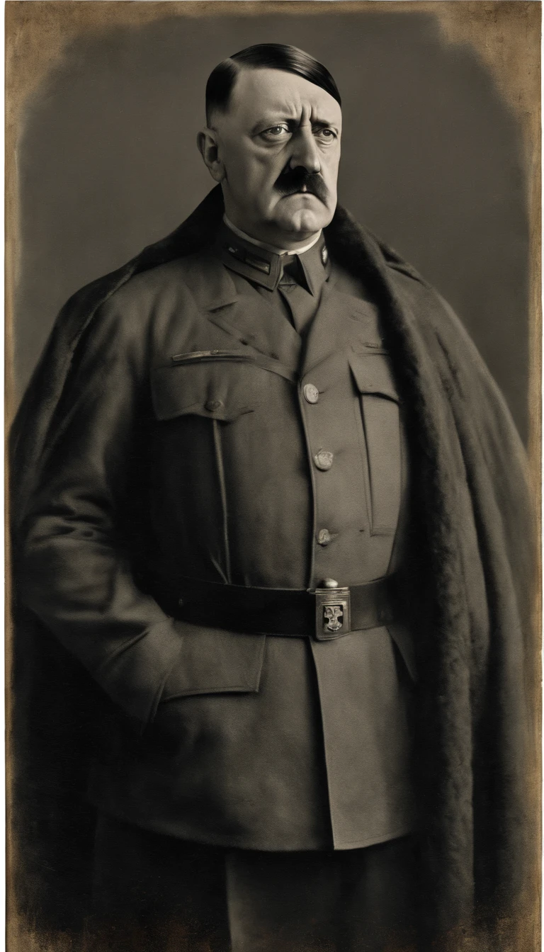 "19th century portrait of Hitler with small mustache and gray cloak, depicted in striking light. Hitler wearing German shirt and war cloak."