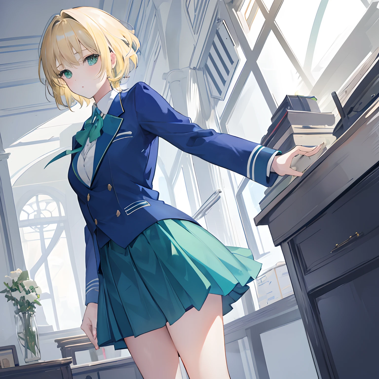 1 girl,short blonde hair,green eyes,wearing a royal blue school uniform,royal blue suit coat,grey skirt