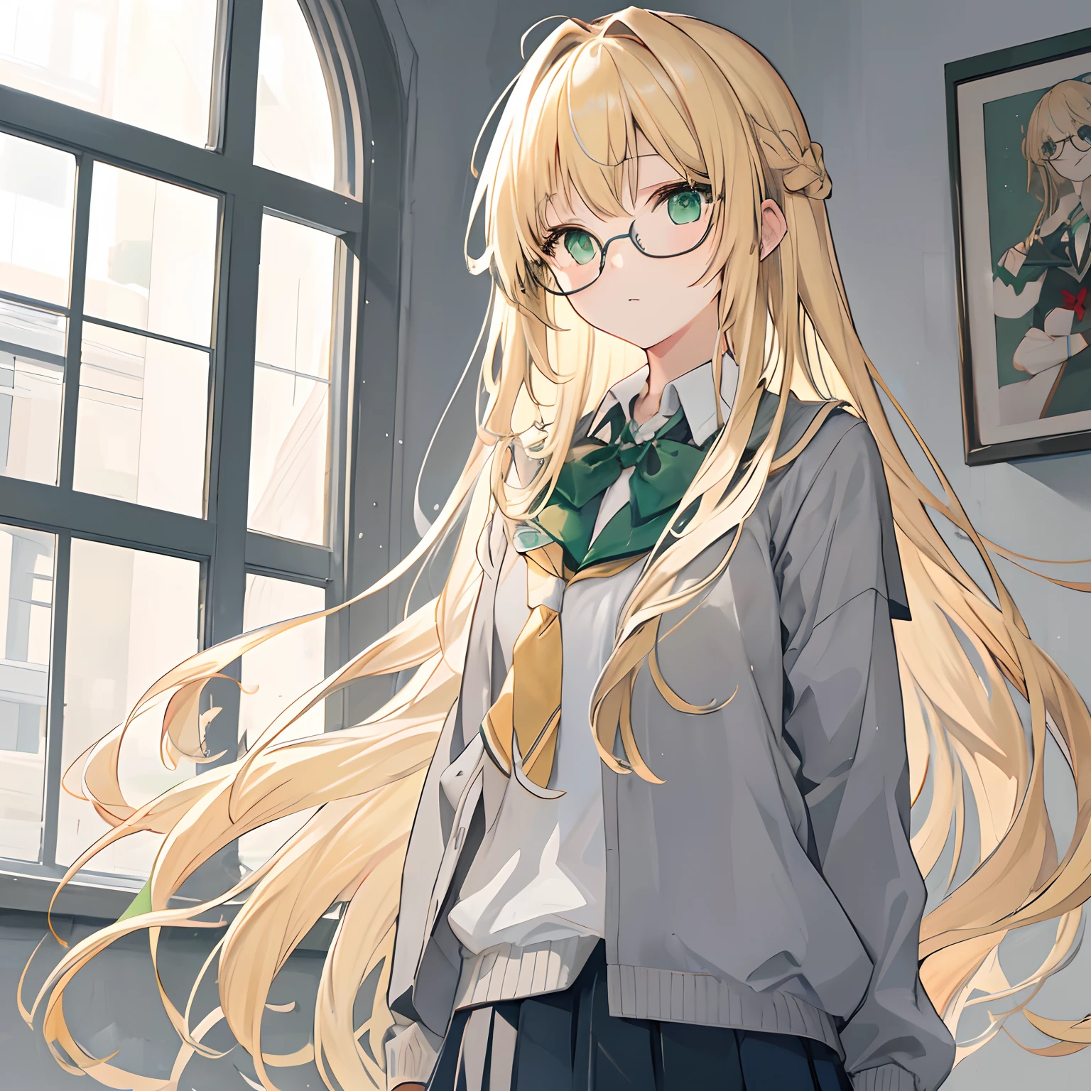 1 girl,long blonde hair,green eyes,glasses,grey school uniform