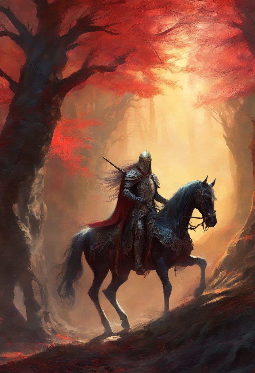 A group of undead knights riding skeleton horses actually walked through the valley towards the audience，Undead，Crusader pitch-black armor，(red eyes)，Skeleton horses with rotten flesh，fantasy world，medieval times，A dark forest that glows with glows，horror atmosphere，uncanny，High-precision details，HD，8k，lord of the ring