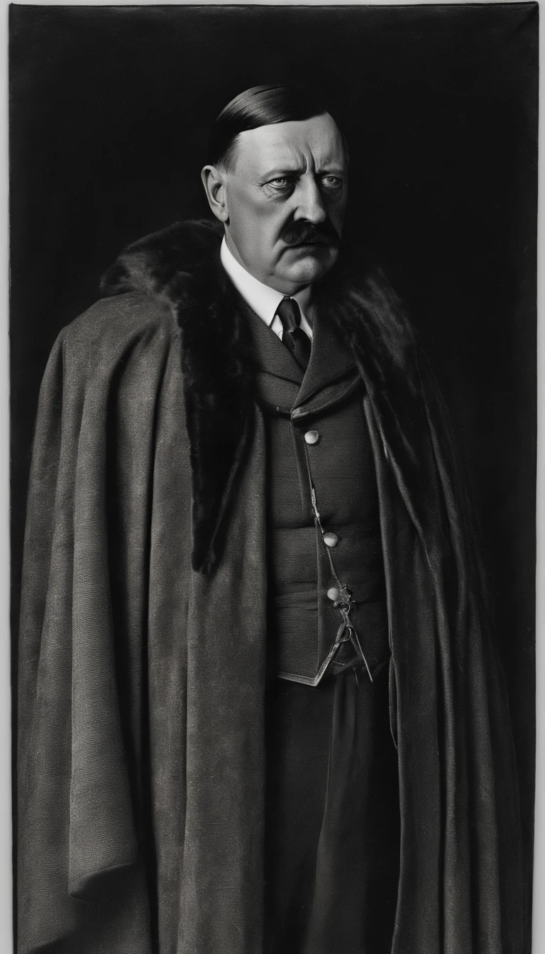 "19th century portrait of Hitler with small mustache and gray cloak, depicted in striking light. Hitler wearing German shirt and war cloak."