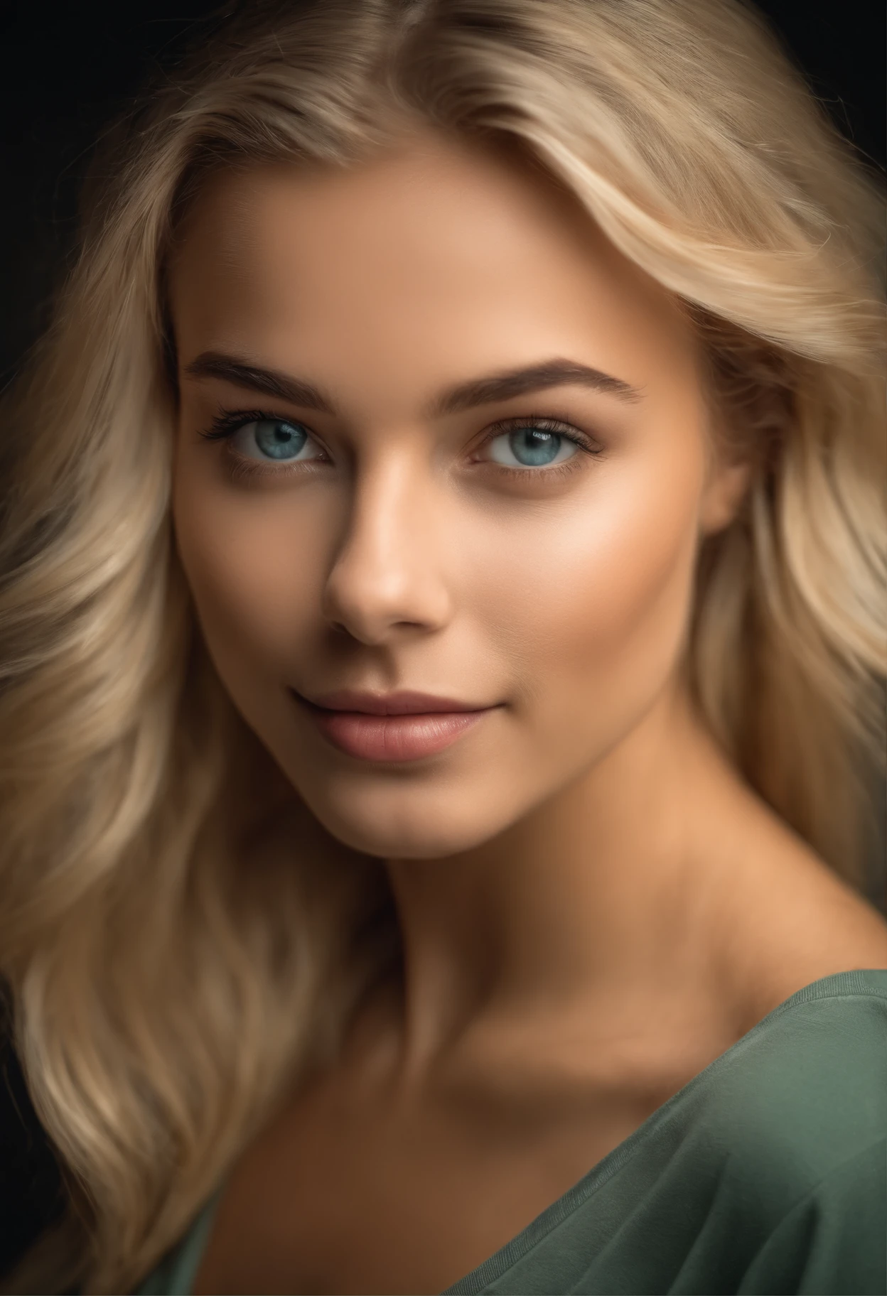 Very beautiful 22 year old blonde wearing a t-shirt looking straight into the camera