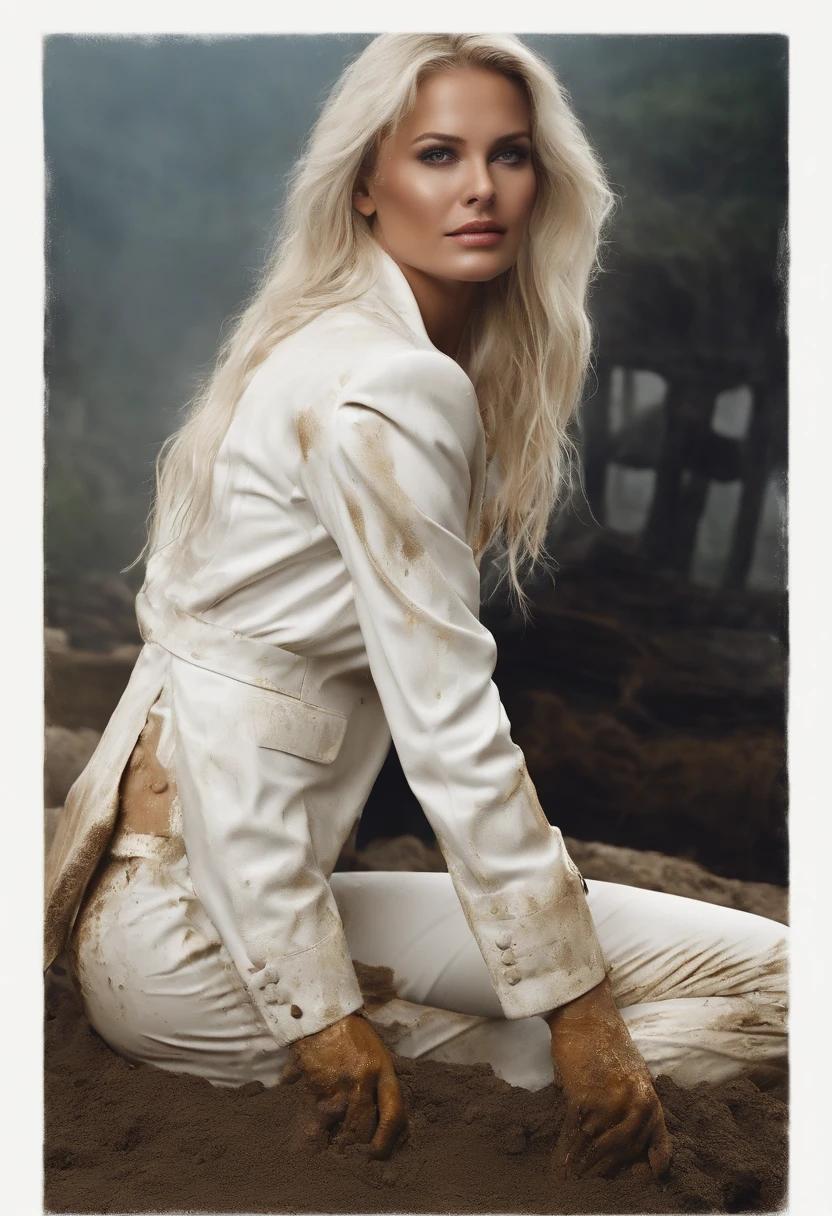 Gagadot was covered in oil and dirt,white business suit, Greasy, Dirty and greasy white suit,White pants stained with dirt,covered in slime,Muddy and dirty,All stained with oil and greasy
