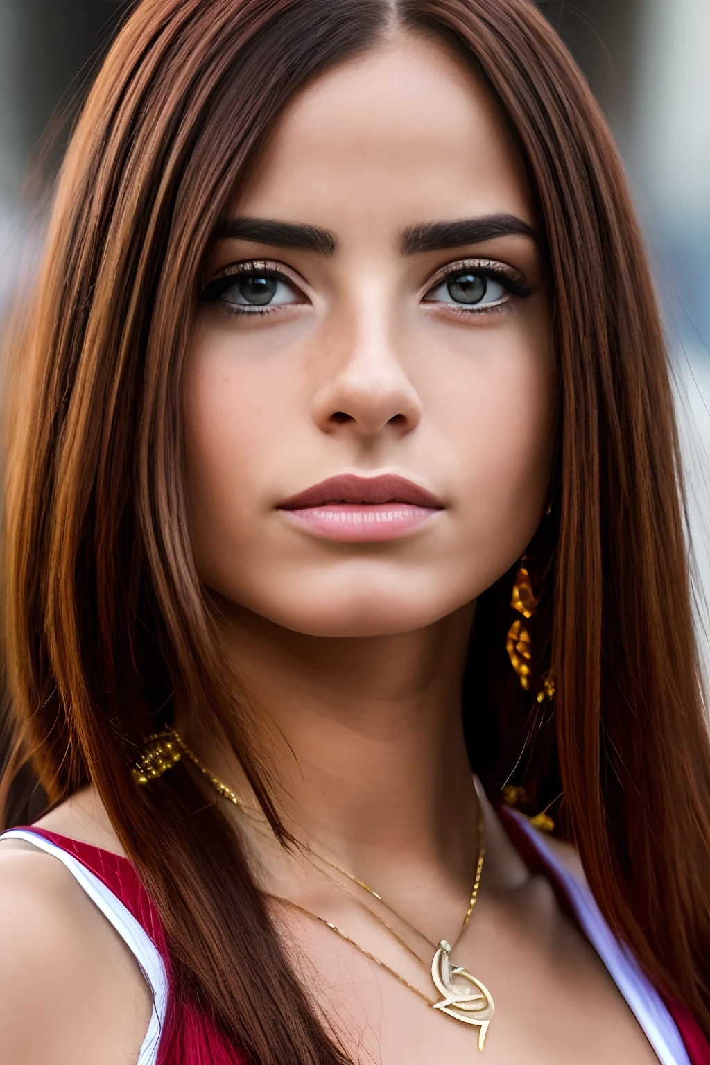 25-year-old realistic woman, etnia latina, manchas (pecas) en el rostro, realista 8k, cara detallada, moda aesthetic, cabello ondulado, cabello corto, brown hair with red extensions, pendientes en las orejas de zafiros, pecas en los hombros, anillo de esmeraldas, (8k, La mejor calidad, Masutepiece:1.2), (realista, Fotorrealista:1.37), Ultra detallado, sin tatuajes, ambientada en la ciudad, fondo detallado, fondo realista, fondo con detalles
