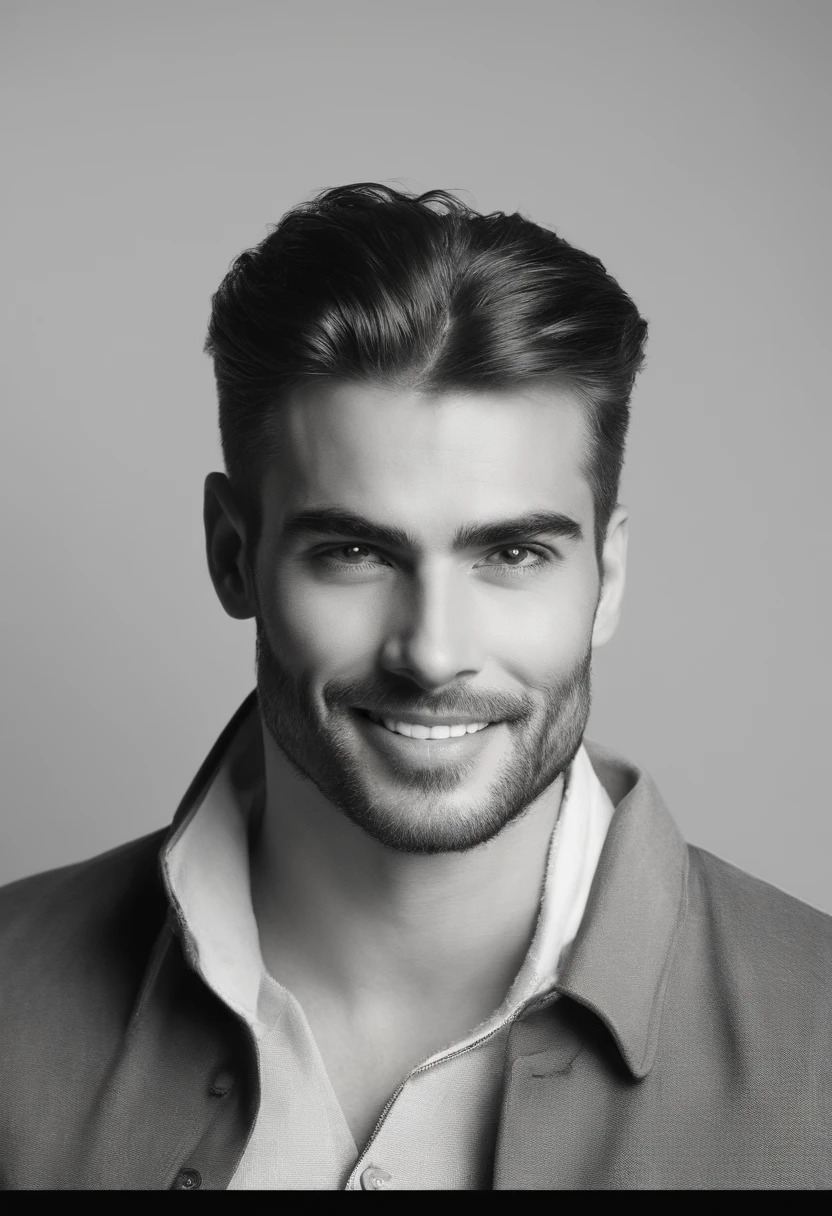 La mejor calidad,Ultra detallado,realista:1.37,Hombre guapo,cara hermosa,ojos color miel detallados,strong jawline,barba de rastrojo,sonrisa encantadora,Traje con clase,cabello elegante,afeitado,Postura segura,caballero,Mirada cautivadora,bien arreglado,profesional,Apariencia similar a la de un modelo,vivid colors,Studio lighting,Warm color tone,Medio:retrato