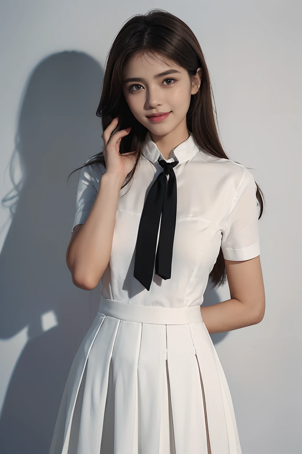 ((Pretty Girl from Sri lanka :1.3)) ((Sri Lanka Uniform :1.4)),(( Short sleeve white dress is paired with a white skirt. The girls have a black tie as part of their uniforms:1.4))(Large Breast: 1.1 ) ) (Close: 1.2)) Best Condition, Masterpiece, Ultra High , (Photo Realistic: 1.4), Raw Photo, (Overall Texture: 1.3) , (Film Cinematic: 1.3) , Panorama, Character Portrait Ultra Wide Shot, Narrow Waist , Cowboy Shot, (Dark, Visible Shadow, Low Key, Cold Light, Natta, ( )), Flowing Tears, Liquid, Tyndall Effect, ( Expressions ), 1 Girl , Beautiful detailed eyes and face, White Jabot, Eyes, (( Brown Hair: 1.2)), ((Smile : 1.3)), ((Good)))
