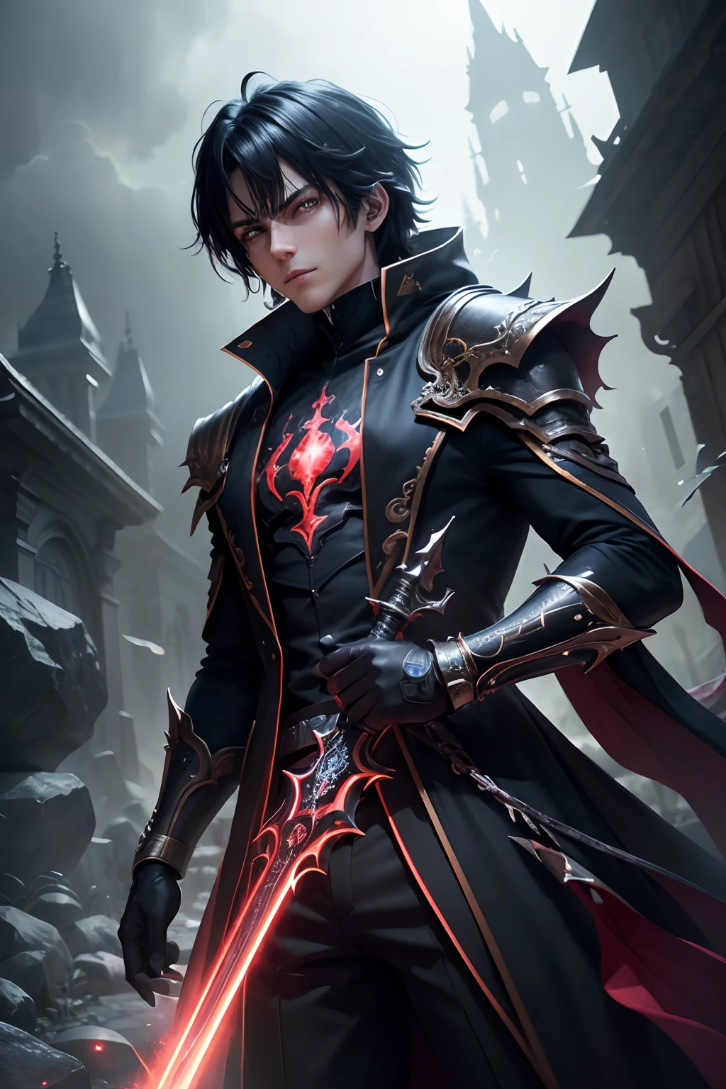 handsome anime teenage boy, young man, demon lord,8k,(best quality,4k,8k,highres,masterpiece:1.2),ultra-detailed,(realistic,photorealistic,photo-realistic:1.37), HDR, UHD, studio lighting, ultra-fine painting, sharp focus, physically-based rendering, extreme detail description, professional, vivid colors, bokeh, portraits, landscape, horror, anime, sci-fi, photography, concept artists, vibrant colors, soft lighting, dark ethereal atmosphere, dark shadows, fantasy world, magical elements, glowing red eyes, flowing black hair, ornate clothing, crazy smile, sharp weapon, foreboding presence, commanding presence, ominous aura, interdimensional portal, enchanted weaponry, dramatic poses, dynamic composition, suspenseful ambiance, spectral effects, mesmerizing background, mystical symbols