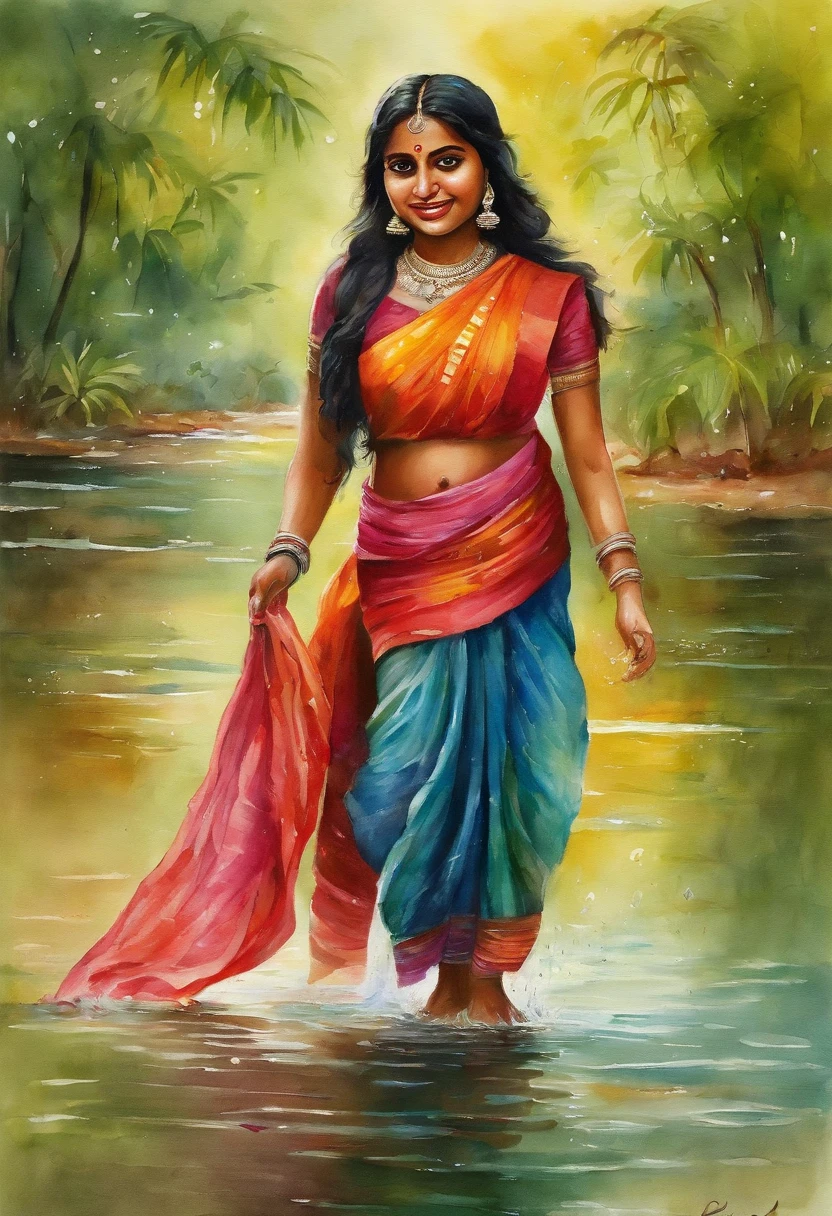 South Indian young girl, coming out from the most beautiful pond, she fully wet, her big boobs and nipples showing out from the wet clothes, her big cleavage vegina showing out, some small cute fish jumping out of the water,