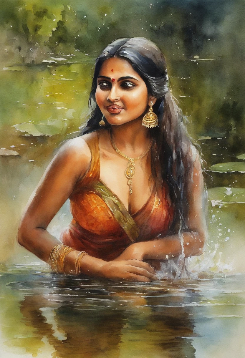 South Indian young girl, coming out from the most beautiful pond, she fully wet, her big boobs and nipples showing out from the wet clothes, her big cleavage vegina showing out, some small cute fish jumping out of the water,