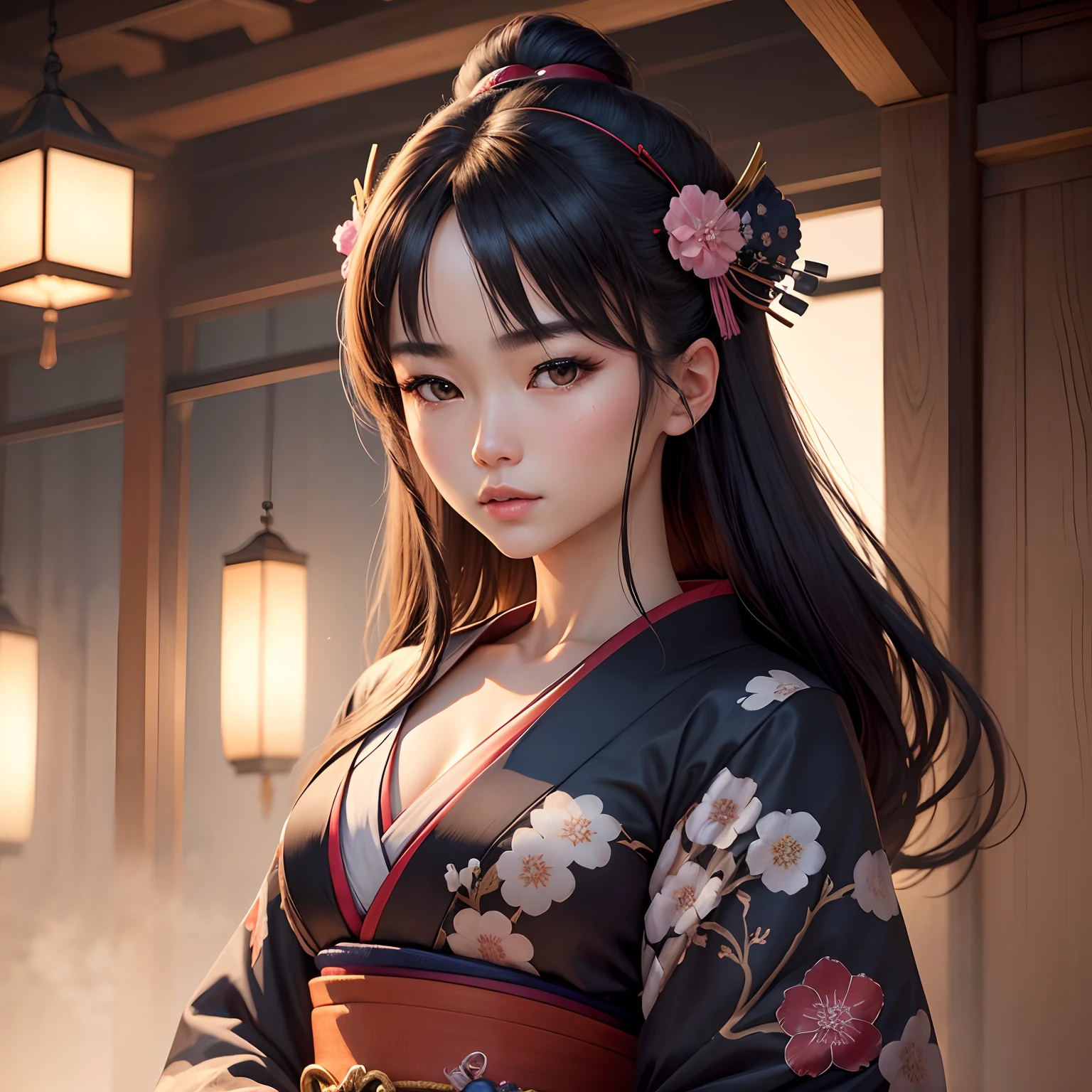 "Generate a captivating, hyper-realistic portrait of an exceptionally beautiful Japanese woman who embodies the spirit of a raiden shogun. Pay meticulous attention to her facial structure, ensuring that her features are proportionate and harmonious, striving for lifelike accuracy. Her visage should be a harmonious blend of strength and grace, illuminated by the soft, flattering moonlight. Her eyes should be a focal point, possessing a captivating depth and a glint of determination. The nose, lips, and cheekbones should all be in perfect proportion, reflecting the idealized beauty of a shogun.

Dress her in a traditional yet intricately detailed Japanese attire, featuring a kimono with exquisite patterns that reflect her noble status as a shogun. The kimono should flow gracefully, with silk folds and textures rendered realistically. Adorn her attire with authentic accessories, such as a finely crafted obi belt and delicate hair ornaments. Her hair should be styled in an elegant traditional fashion.

To achieve her appearance, use 'JapaneseDollLikeness (V1.5)' as the reference for her lifelike qualities.

Set her amidst an enchanting grove of sakura trees, their blossoms delicately scattering in the gentle moonlight. Depict her holding a katana with poise, contrasting her grace with the ominous gleam of the blade. Ensure the sakura trees are intricately detailed, with their petals cascading like a luminous, moonlit shower.

This scene should exude the essence of unparalleled beauty and power, with a focus on achieving a truly lifelike portrait, including the meticulously depicted traditional Japanese attire, and using 'JapaneseDollLikeness (V1.5)' for lifelike realism, with particular emphasis on achieving proportional facial features."