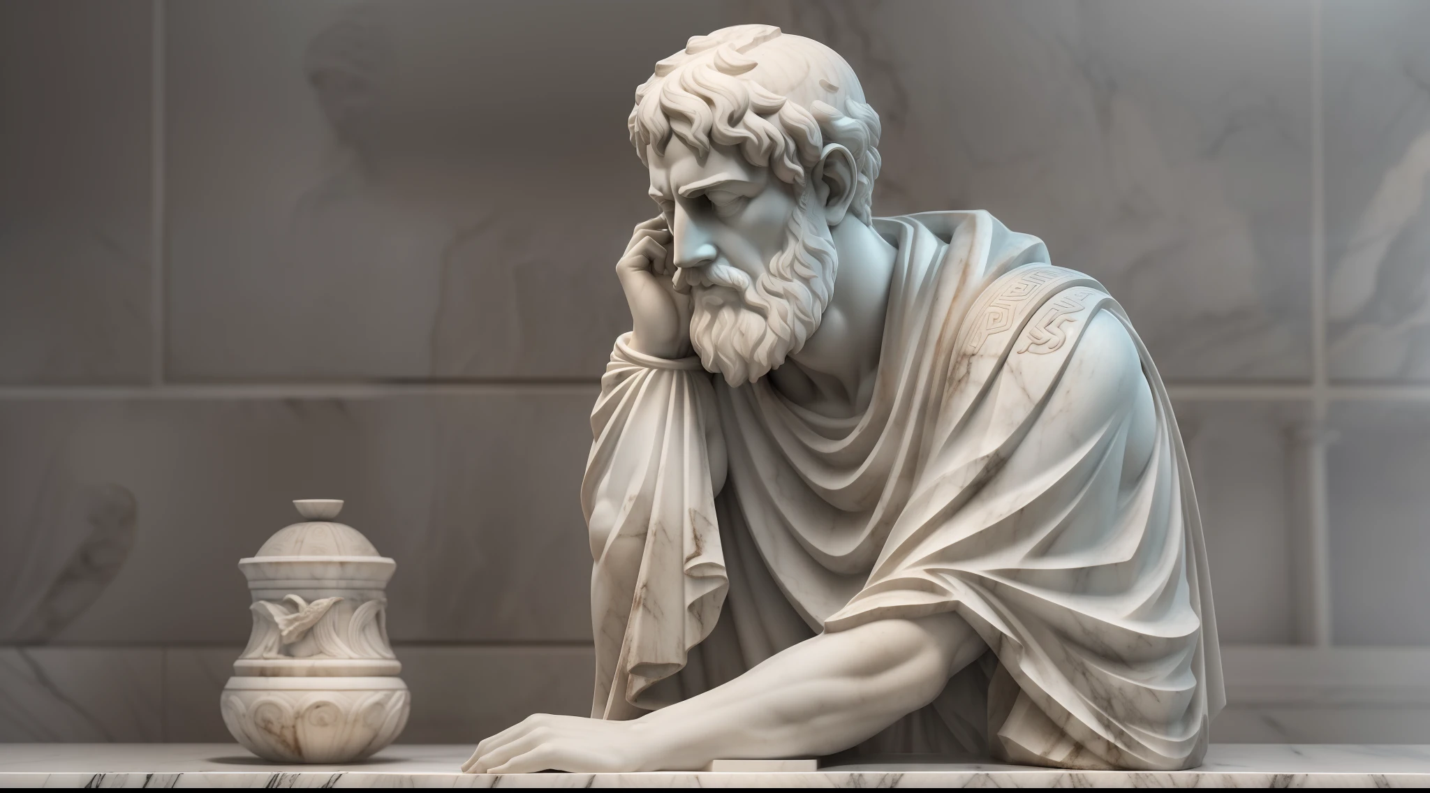 A realistic Greek white marble statue of thoughtful brave Aristotle detailed wearing a ghostly toga, fundo neutro, Moody, , fotorrealista, thoughtful movie dinner, super detalhada, hiper realista, luzes brilhantes, 8 K