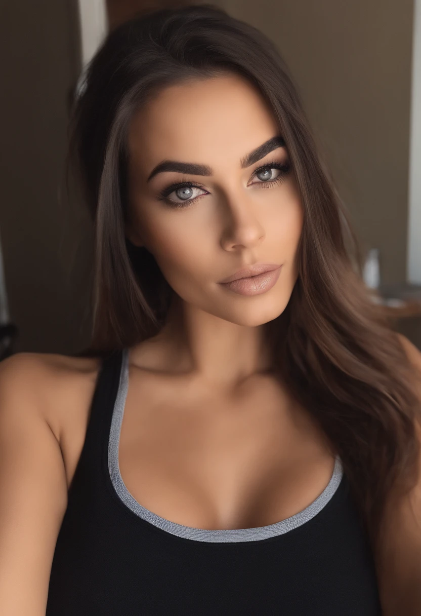 Femme arafed , latina, 30 ans, with tank top , fille sexy aux yeux bruns, Portrait Sophie Mudd, cheveux bruns et grands yeux, selfie of a young woman, Yeux de chambre, Violet Myers, sans maquillage, maquillage naturel, looking straight at camera, Visage avec Artgram, Maquillage subtil, Superbe photo du corps entier, dans la chambre, clivage