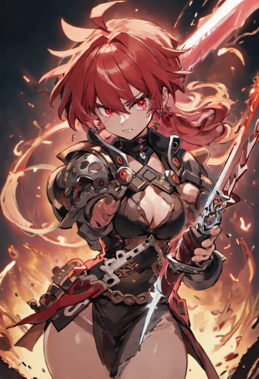 anime character with red hair and a sword in his hand, guilty gear art direction, guilty gear strive splash art, detailed digital anime art, detailed anime character art, stunning character art, by Yang J, 2. 5 d cgi anime fantasy artwork, epic exquisite character art, fanart best artstation, guilty gear art style, trending on artstation pixiv