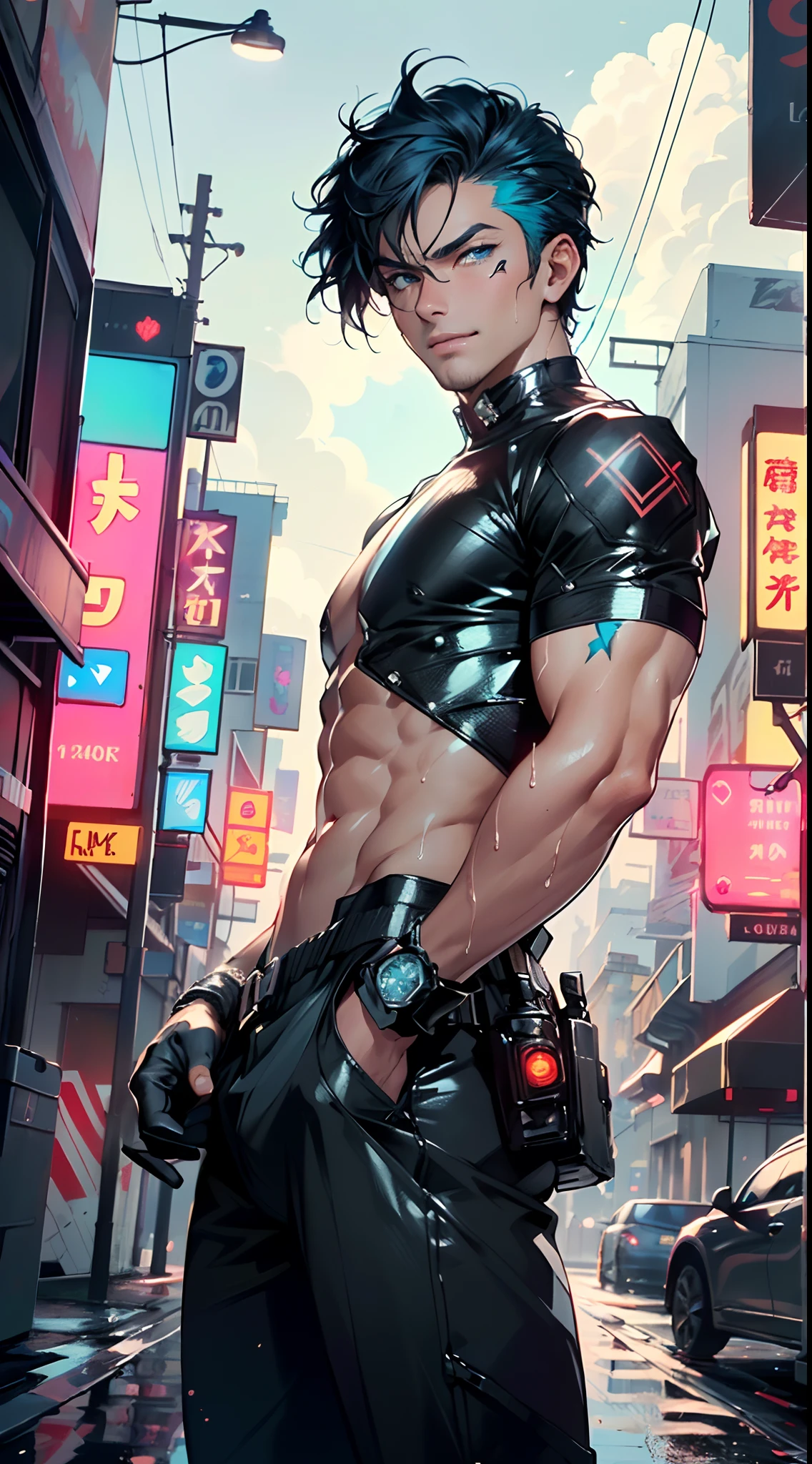man:1.5,1 man,bounty hunter man,(((1man))),((man)),

(((1male,man:1.5,handsome man,male,male gender:1.5,male focus))),macho man,

((medium black hair,disheveled hair,blue hair,black hair,two-tone hair)),(((lustrous skin:1.5,tanned skin,bright skin: 1.5,skin tanned,shiny skin,very shiny skin,shiny body,illuminated skin))),(((blue_eyes:1.2))),intricate eyes,beautiful detailed eyes,symmetrical eyes,man chest,handsome face,((muscular,hairy body,muscular man)),(((detailed face))),

alluring look,nsfw,

bounty hunter pants,((bulge in pants)),((bounty hunter outfit)),(wearing a bounty hunter outfit:1.3,bounty hunter clothes),((wet clothes,intricate outfit,intricate clothes)),

(dynamic pose:1.0),solo focus,((evil smile,evil look)),(centered,scale to fit dimensions,Rule of thirds),

cyberpunk city by the ocean at night, with bright neon signs and dark stormy clouds and puddles, scenery:1.25,

highres, sharp focus, (ultra detailed, extremely detailed), (photorealistic artwork:1.37),(extremely detailed CG unity 8k wallpaper),((synthwave background theme)),(((vibrant colors))),(intricate background),(masterpiece),(best quality),