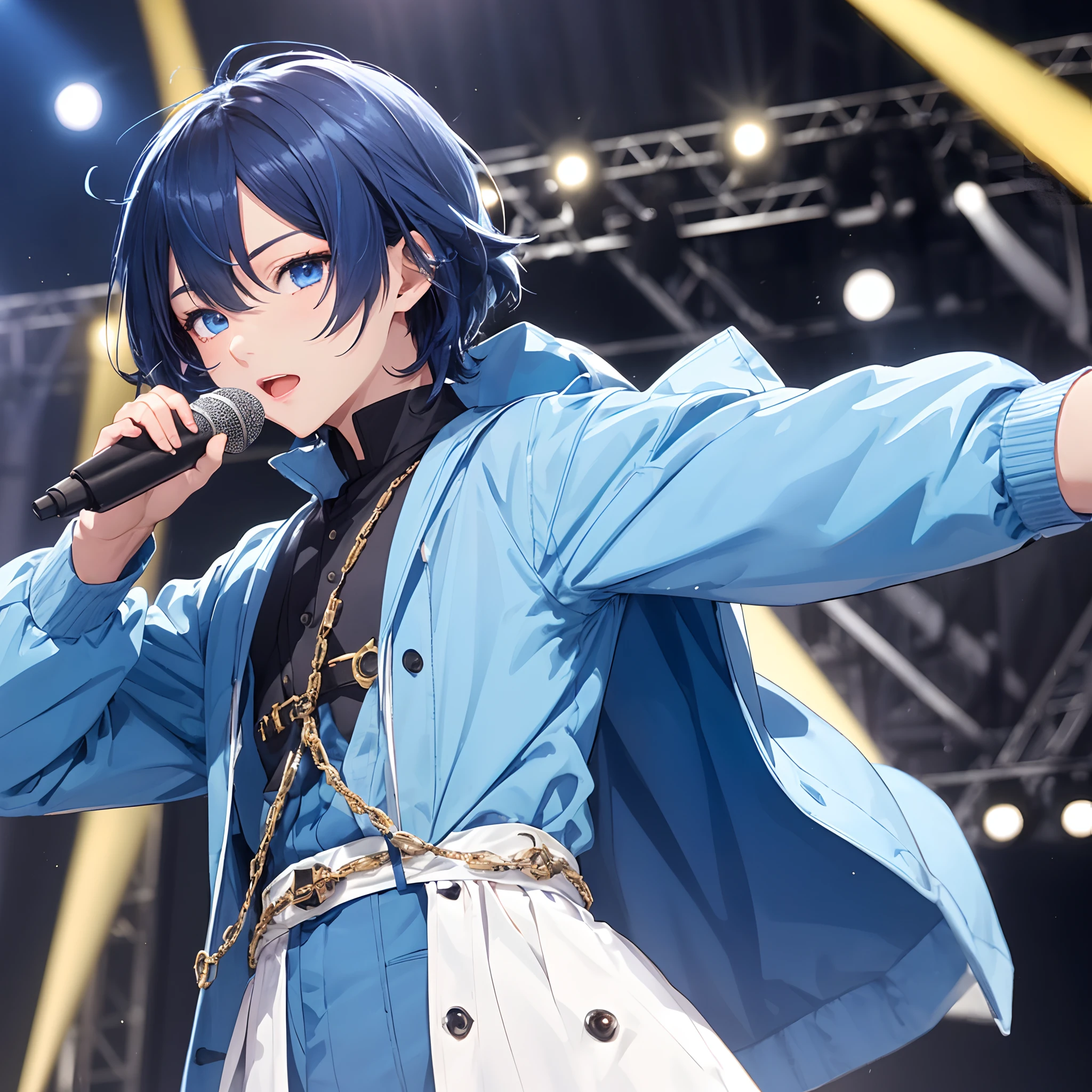 Boy 1,blue eyes,dark blue hair,idol anime,stage (ultra details) (good pose (good eyes) hold mic,wearing blue costume