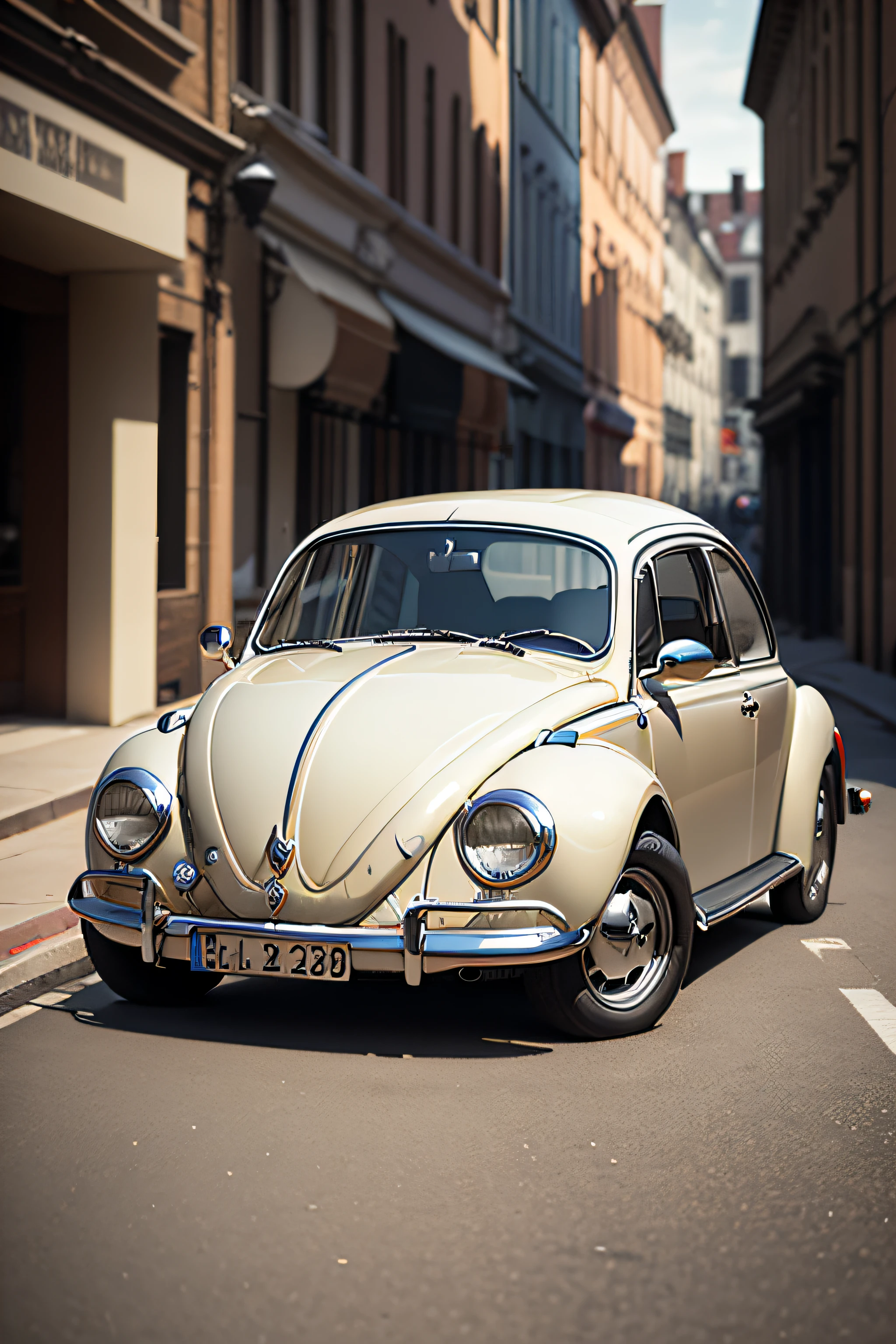 Create a realistic image of a single classic Volkswagen Beetle car without repetition in detail