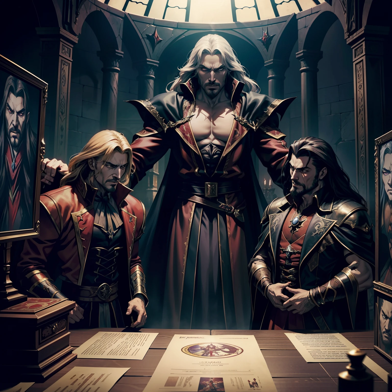 Castlevania shadow lords hyper realistic super detailed Dynamic shot centerpiece cinematic scene scenes movie Epic Legendary Lord Dracula with his 3 demons defending him poster movie with demons super detailed Dynamic shot