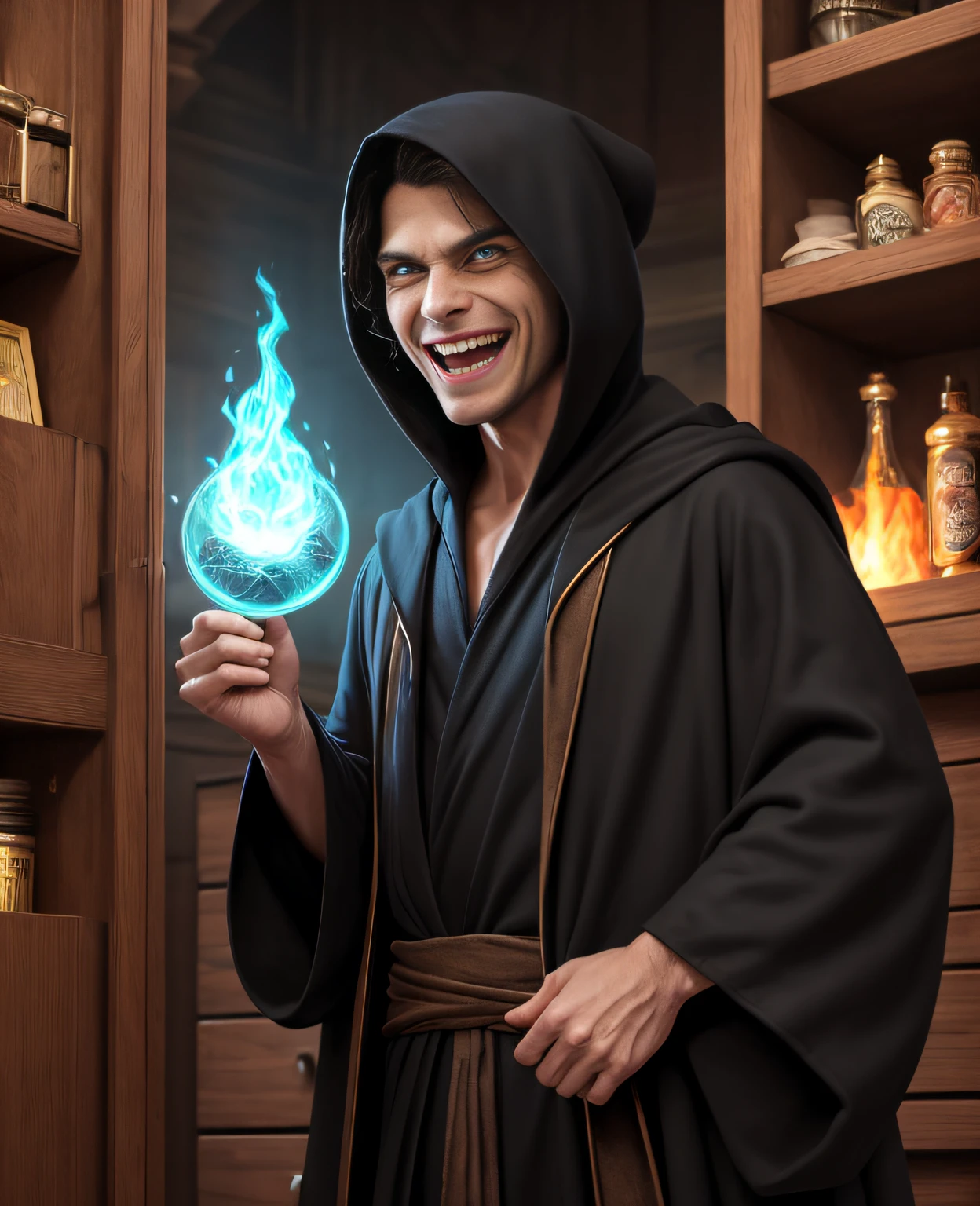 Young Mad Wizard, Brunette with disheveled short hair, Crazy smile of a madman, in a black closed robe - a sweatshirt with a hood, Tall man, in a magic robe - a closed robe, Mage - Warlock, dark disheveled hair, Crazy eyes, A sinister grin on his face. Background: The Mad Wizard's Magic Cabinet