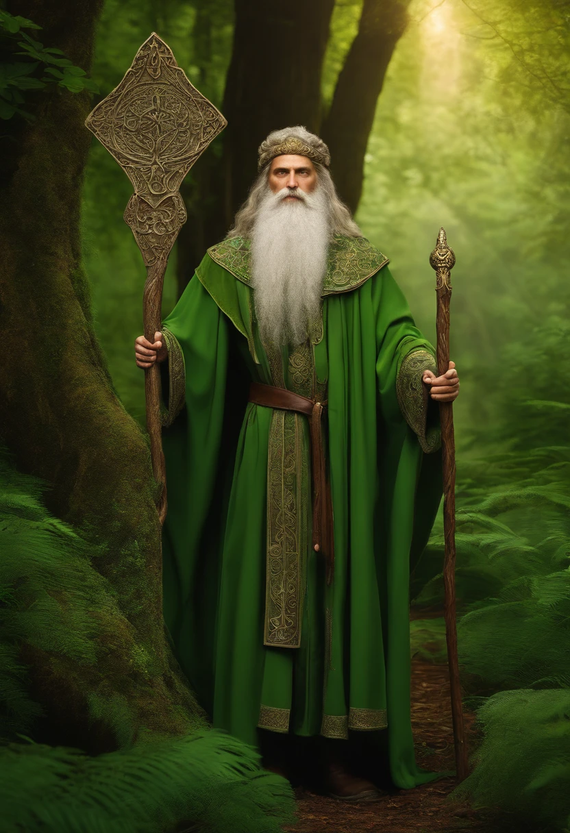 best quality,ultra-detailed,homem,garden scenery,impressive druid,long beard,tall and strong figure,green cloak,sacred staff with intricate carvings,majestic trees and lush vegetation,magic symbols and runes,ethereal lighting,mystical atmosphere,vibrant colors,tranquil and serene ambiance