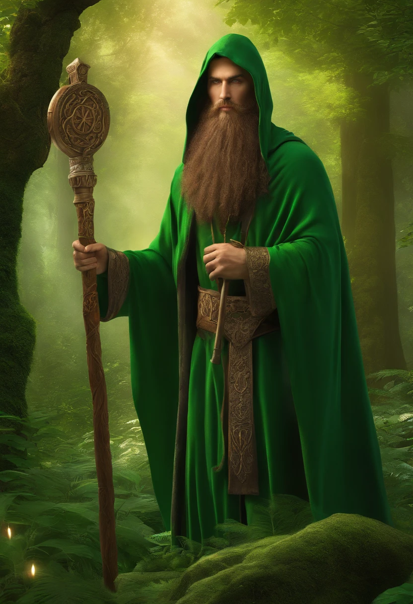 best quality,ultra-detailed,homem,garden scenery,impressive druid,long beard,tall and strong figure,green cloak,sacred staff with intricate carvings,majestic trees and lush vegetation,magic symbols and runes,ethereal lighting,mystical atmosphere,vibrant colors,tranquil and serene ambiance