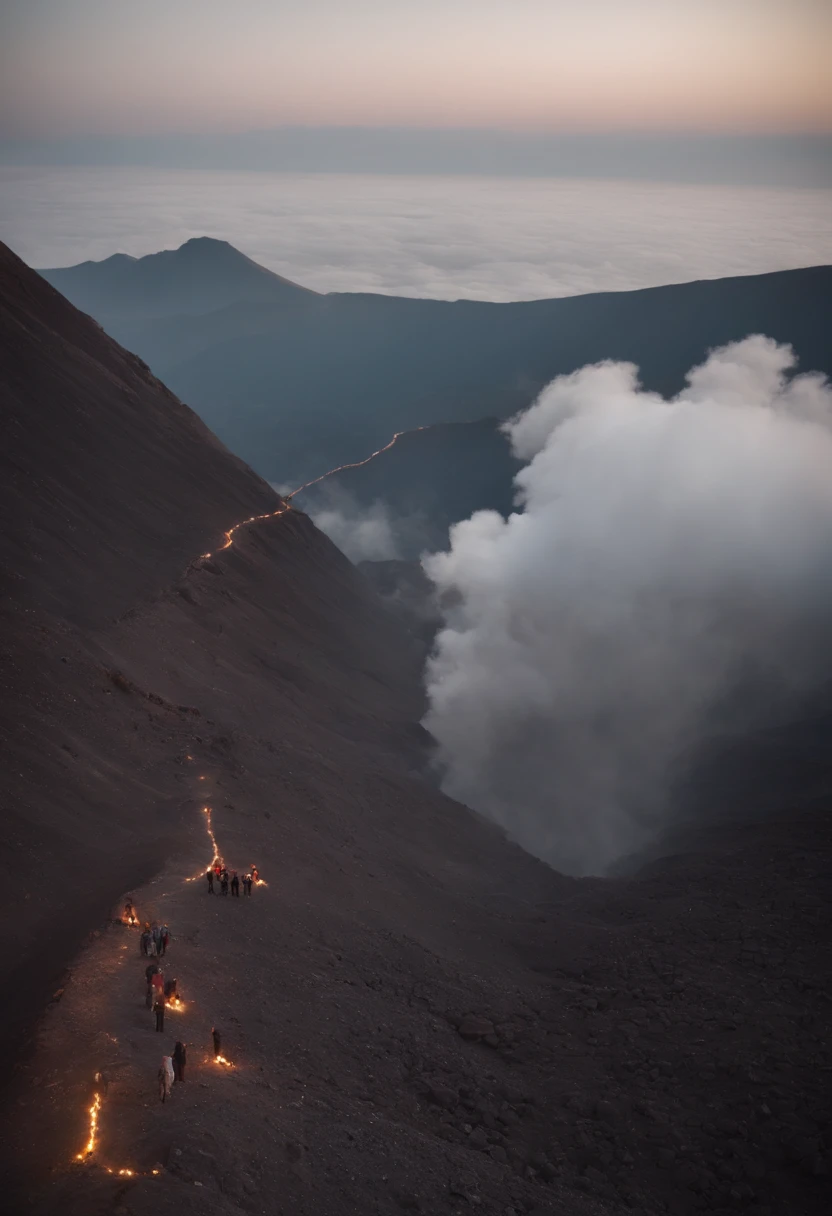 People walk on the path in front of the volcano，Black smoke billowed from the volcano, in volcano, In the volcano, in volcano, standing close to volcano, volcano landscape, black volcano afar, active volcano, volcano landscape, with a volcano in the background, erupting volcano in distance, volcano in background, volcano in background, volcano setting