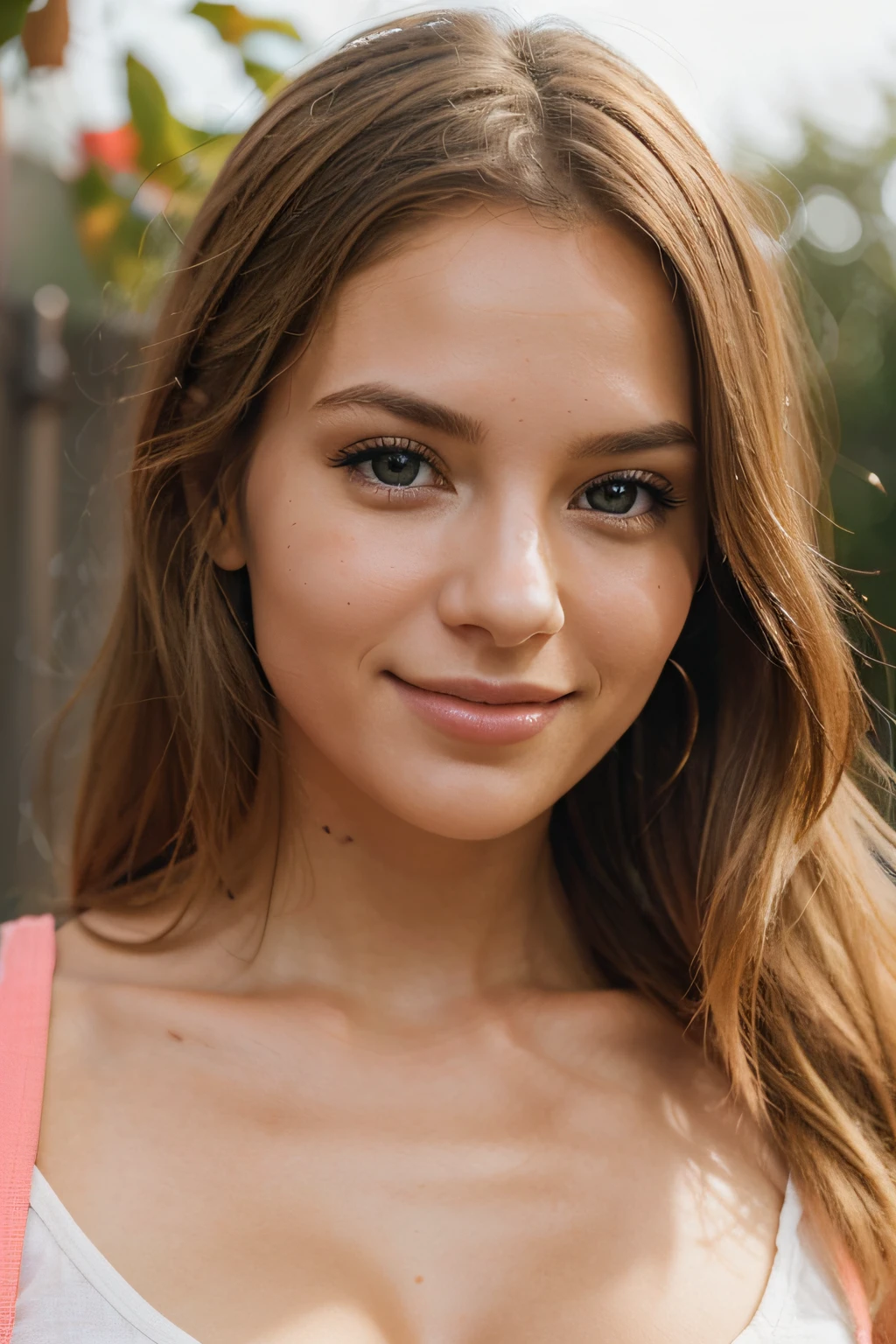 Generate an image of a radiant and attractive woman who appears to be around 25 years old, with a fit and healthy complexion. She should have blonde hair and feature a bright, approachable smile that highlights her confidence and positive energy. Her eyes should be engaging and expressive, reflecting kindness and intelligence. The focus of the image should be mainly on her face, capturing her beauty in a respectful and tasteful manner