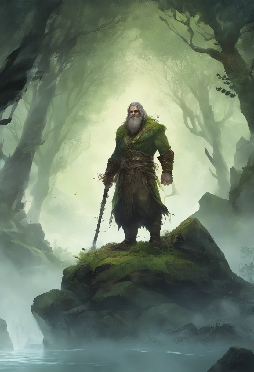 (best quality,4k,8k,highres,masterpiece:1.2),ultra-detailed,physically-based rendering,professional,strong druid,bearded man,wrinkled face,powerful muscles,wise eyes,dark blue robe,holding a staff,magical runes,ancient tree in the background,misty forest,soft sunlight filtering through the trees,enchanted atmosphere,mythical creatures in the distance,moss-covered stones,serene and tranquil,color palette with earthy tones,subtle green and brown shades,calm and mysterious lighting,harmonious blend of warmth and coolness