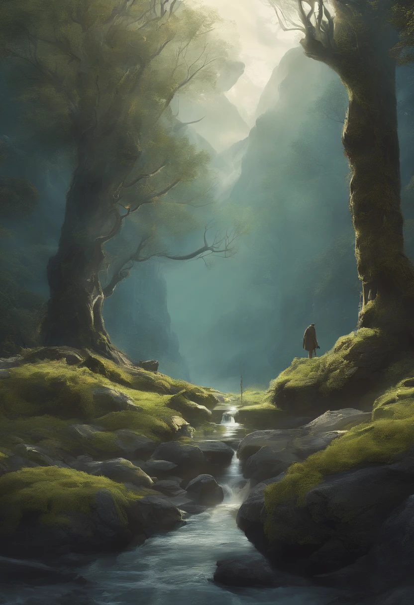 (best quality,4k,8k,highres,masterpiece:1.2),ultra-detailed,physically-based rendering,professional,strong druid,bearded man,wrinkled face,powerful muscles,wise eyes,dark blue robe,holding a staff,magical runes,ancient tree in the background,misty forest,soft sunlight filtering through the trees,enchanted atmosphere,mythical creatures in the distance,moss-covered stones,serene and tranquil,color palette with earthy tones,subtle green and brown shades,calm and mysterious lighting,harmonious blend of warmth and coolness