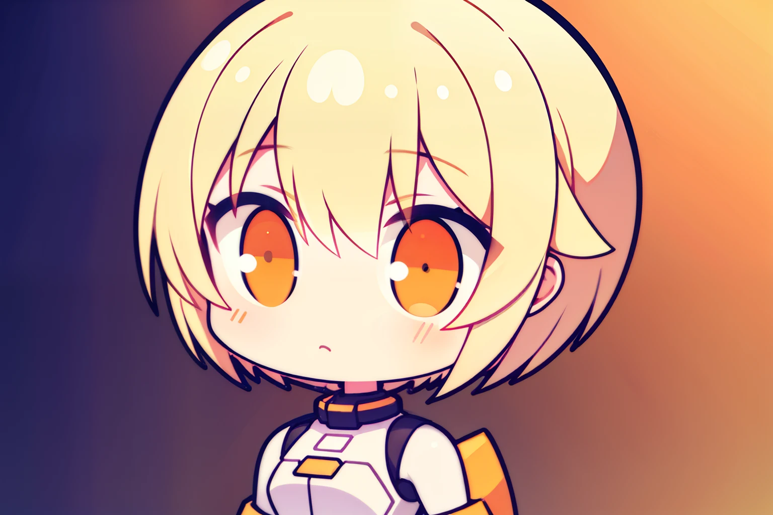 girl, light blonde hair almost white, orange eyes, neutral face, orange mecha, mecha background, short hair,