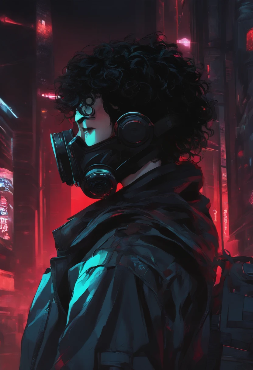 cyberpunk anime style, neon colors, boy with big black hair, hig tech gas mask, red bright Eyes