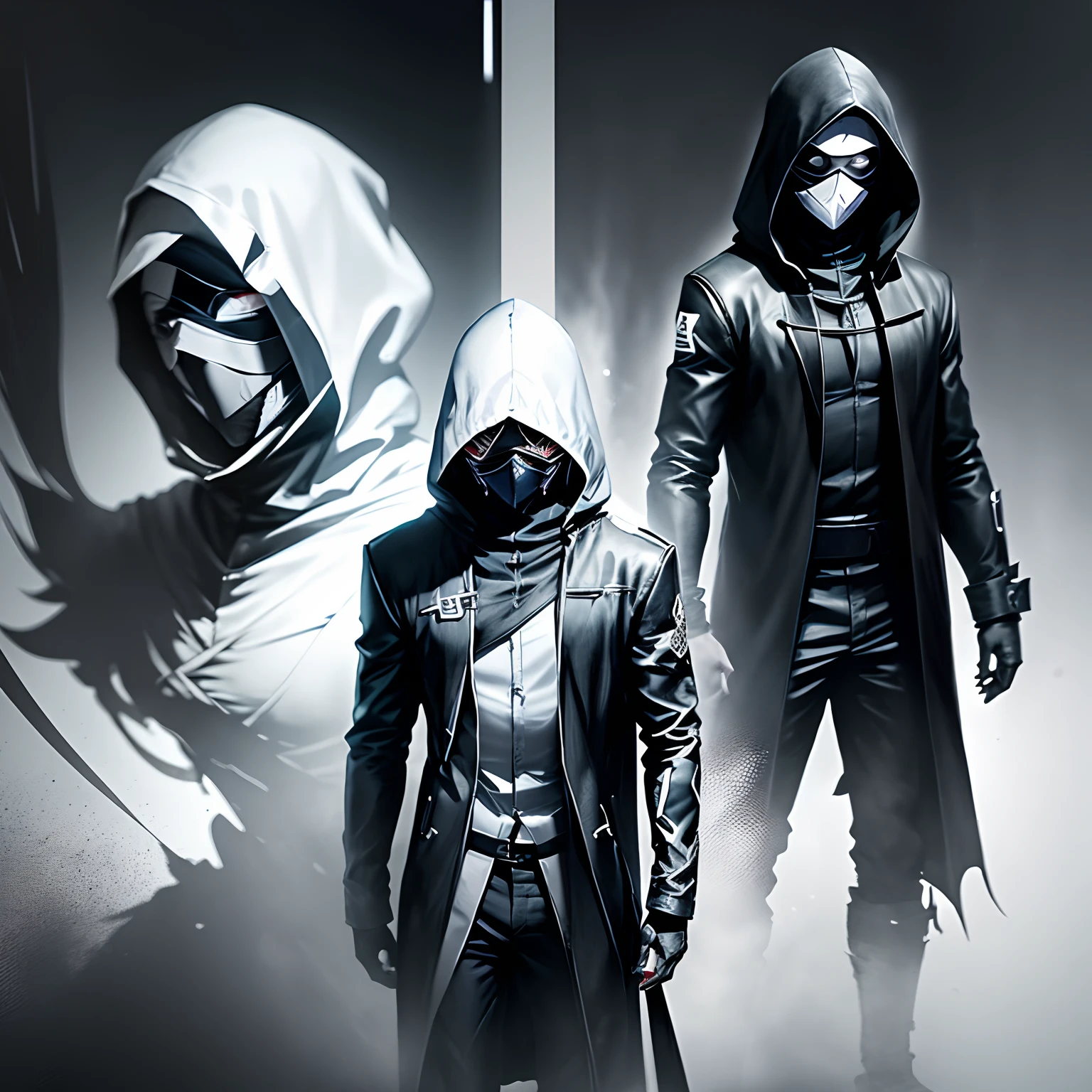 Concept art of a character anime style, kaneki ken, Black and white, in two projections, An assassin man in a black hooded suit, wearing a white mask, scary look, faceless, gray background, Simple black lines, simplified.