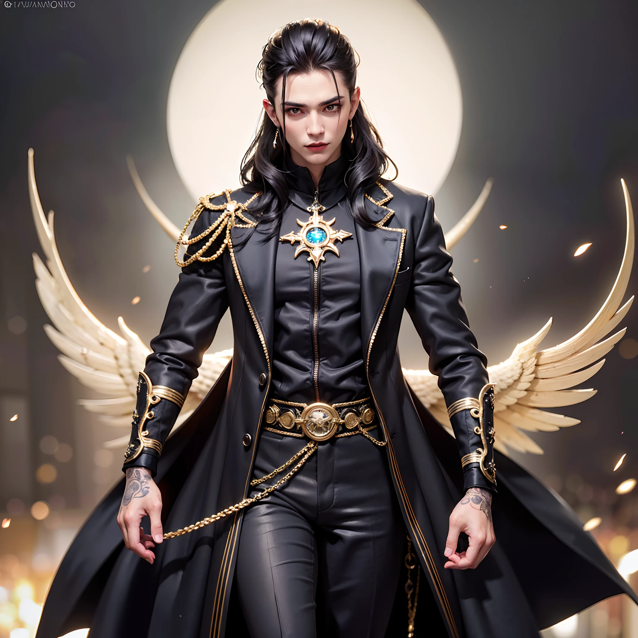 (foto 8k, melhor qualidade, obra-prima: 1.2),(realista, fotorrealista: 1.37) jovem, homem bonito, vampiro, pele branca, rosto detalhado, olho vermelho brilhante, cabelo preto, terno preto, gotic, uma floresta noturna, brinco de caveira. Roupas da era vitoriana, 1BOY
