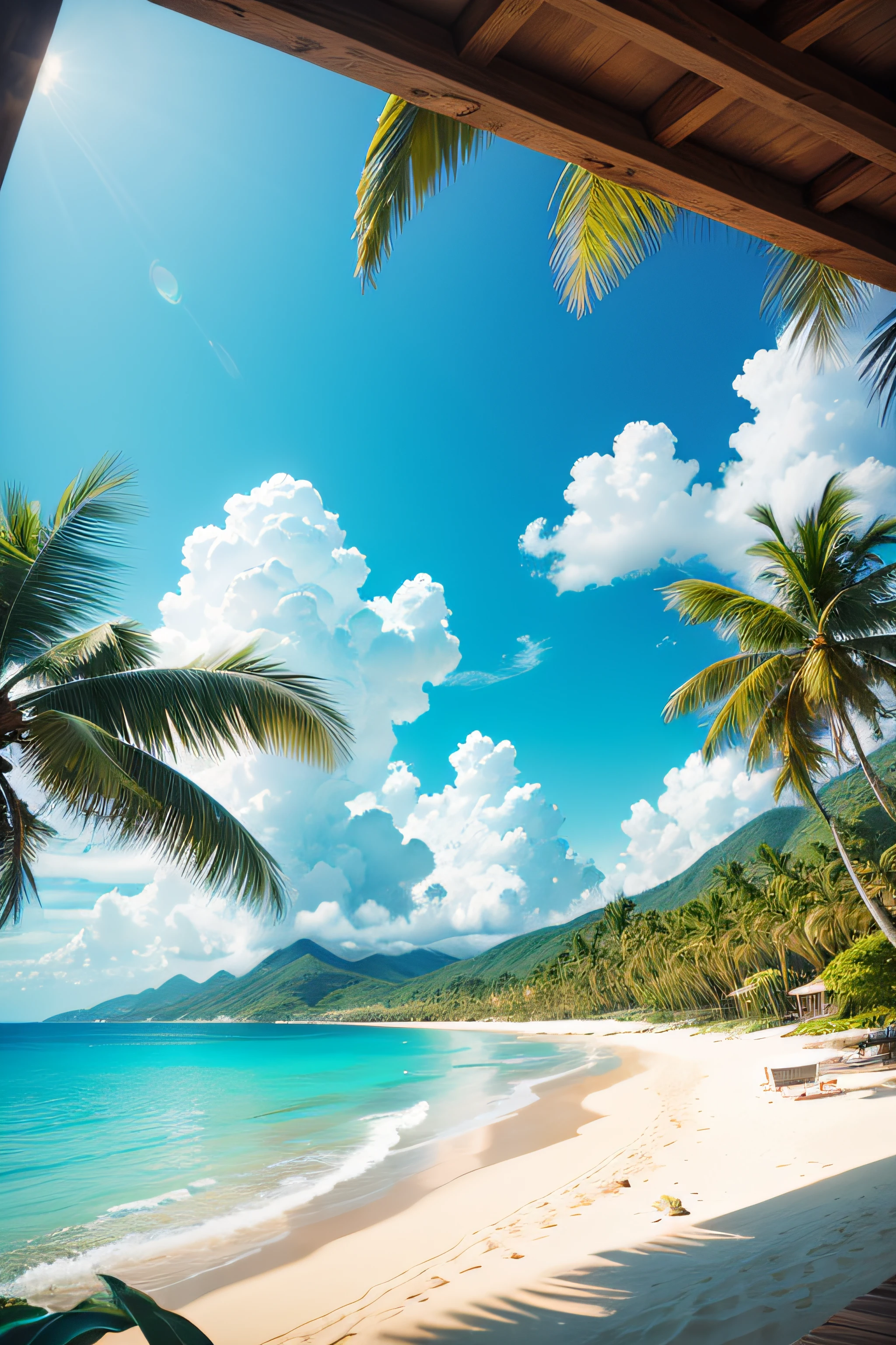 (best quality,4k,highres,masterpiece:1.2),sunny landscape,beach,coconut trees,crystal clear sea water,mountains on the horizon,vivid colors,sparkling waves,serene atmosphere,sandy shoreline,fresh ocean breeze,blue sky,gentle waves crashing,summer vibes,warm sunlight,serene horizon,soft sandy beach,peaceful ocean view,tropical paradise,coconut palms swaying,white sand,azure waters,turquoise ocean,relaxing beach scene,endless horizon,calming waves,lush greenery,tranquil ocean,tropical breeze,lively atmosphere,sunlit palm trees,clear blue water,tranquil beach,serene palm-fringed bay,paradise destination,secluded beach,captivating coastal view,serene coastal landscape,pristine environment,unspoiled beauty,exotic getaway,secluded paradise,exclusive beach retreat,unparalleled natural beauty,remote idyllic beach,unspoiled tropical haven,picturesque coastal scenery,ethereal beachscape