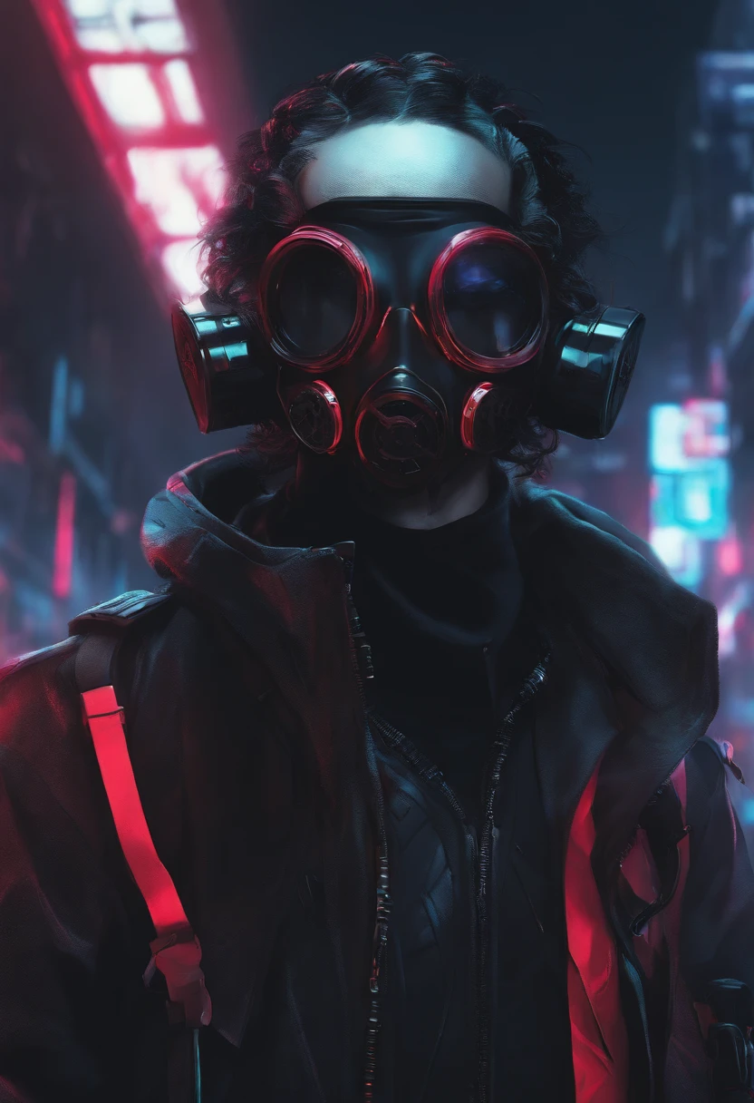 cyberpunk anime style, neon colors, boy with big black hair, hig tech gas mask, red bright Eyes