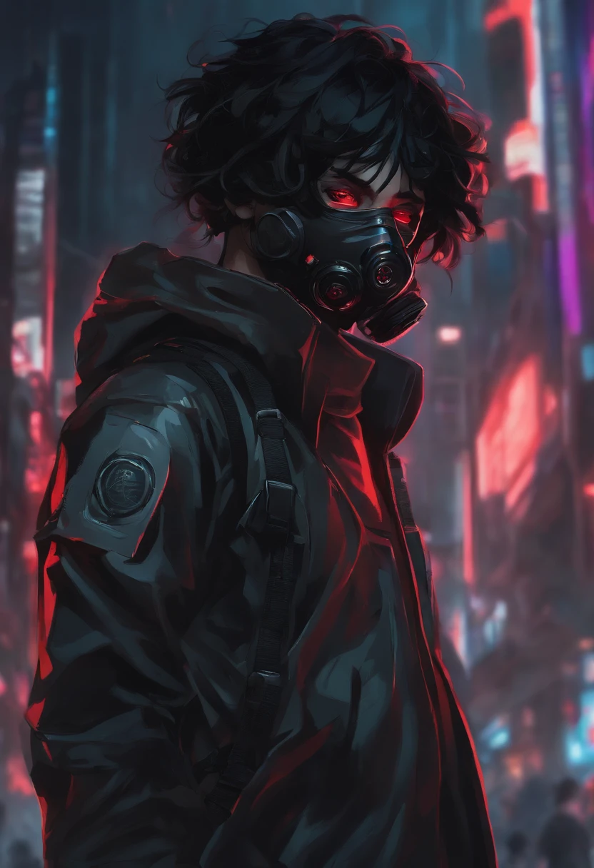 cyberpunk anime style, neon colors, boy with big black hair, hig tech gas mask, red bright Eyes